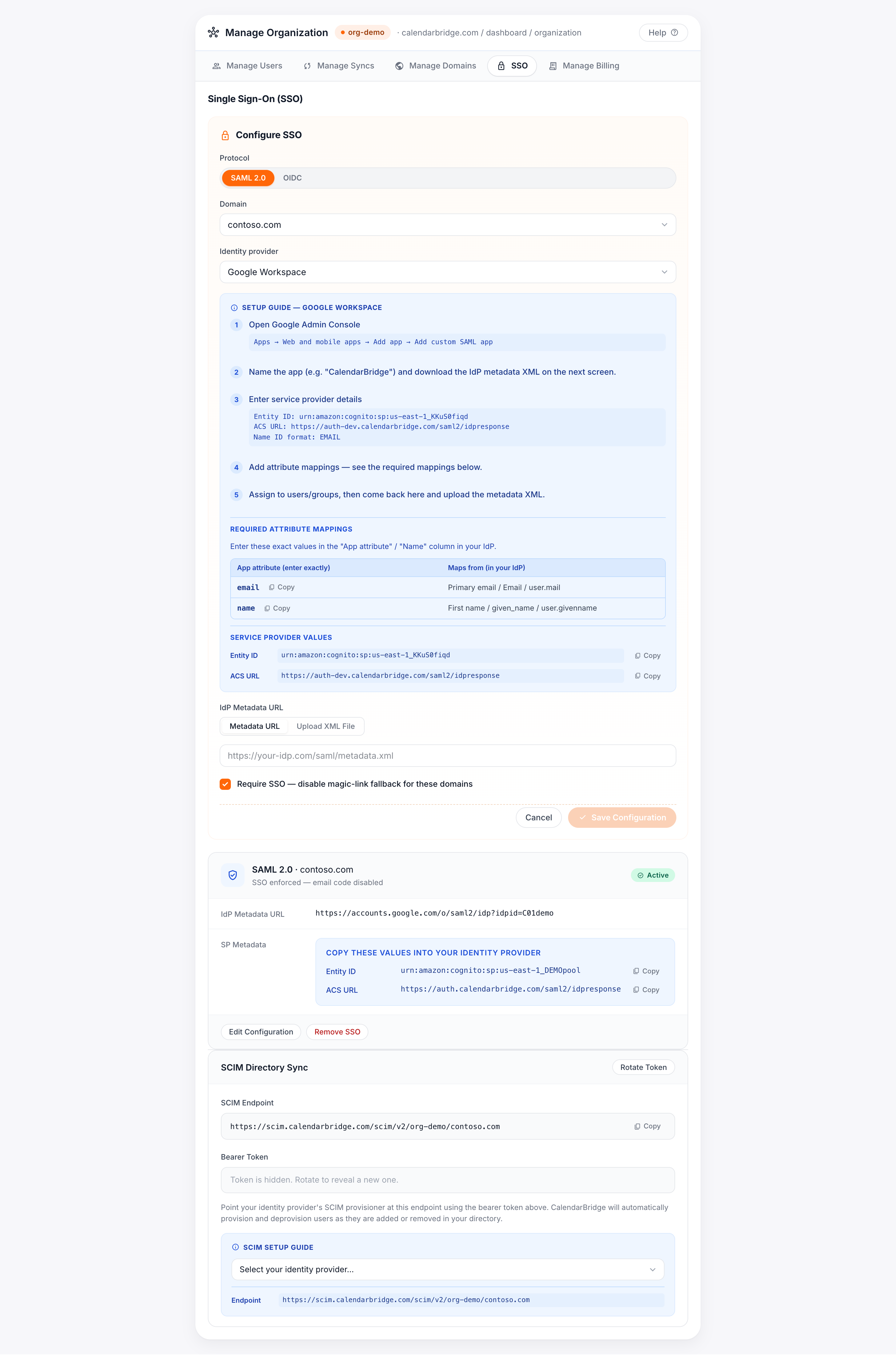 The Configure SSO form with SAML 2.0 selected and the Google Workspace setup guide expanded, showing numbered steps, required attribute mappings, and service provider values with copy buttons