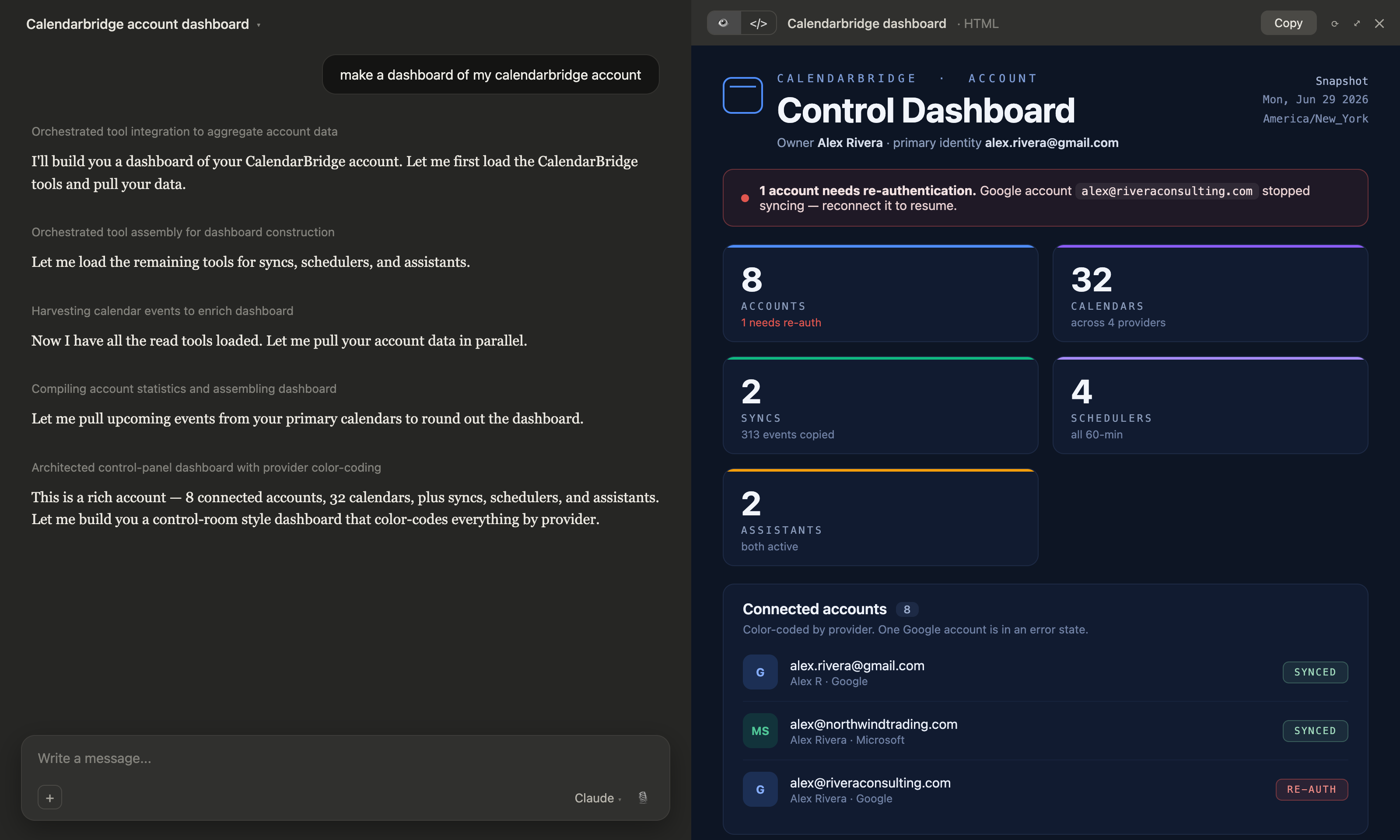 Claude building an HTML control dashboard of a CalendarBridge account, showing 8 connected accounts, 32 calendars, syncs, schedulers, and assistants, with one Google account flagged for re-authentication