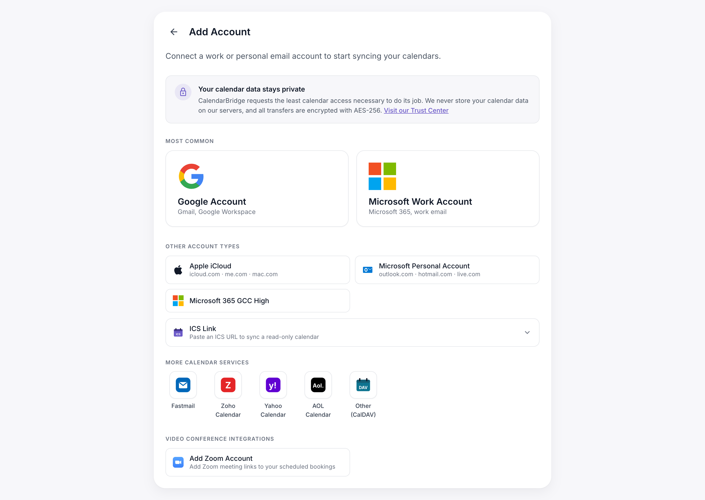 The Add Account screen showing Fastmail, Zoho Calendar, Yahoo Calendar, AOL Calendar, and Other (CalDAV) tiles