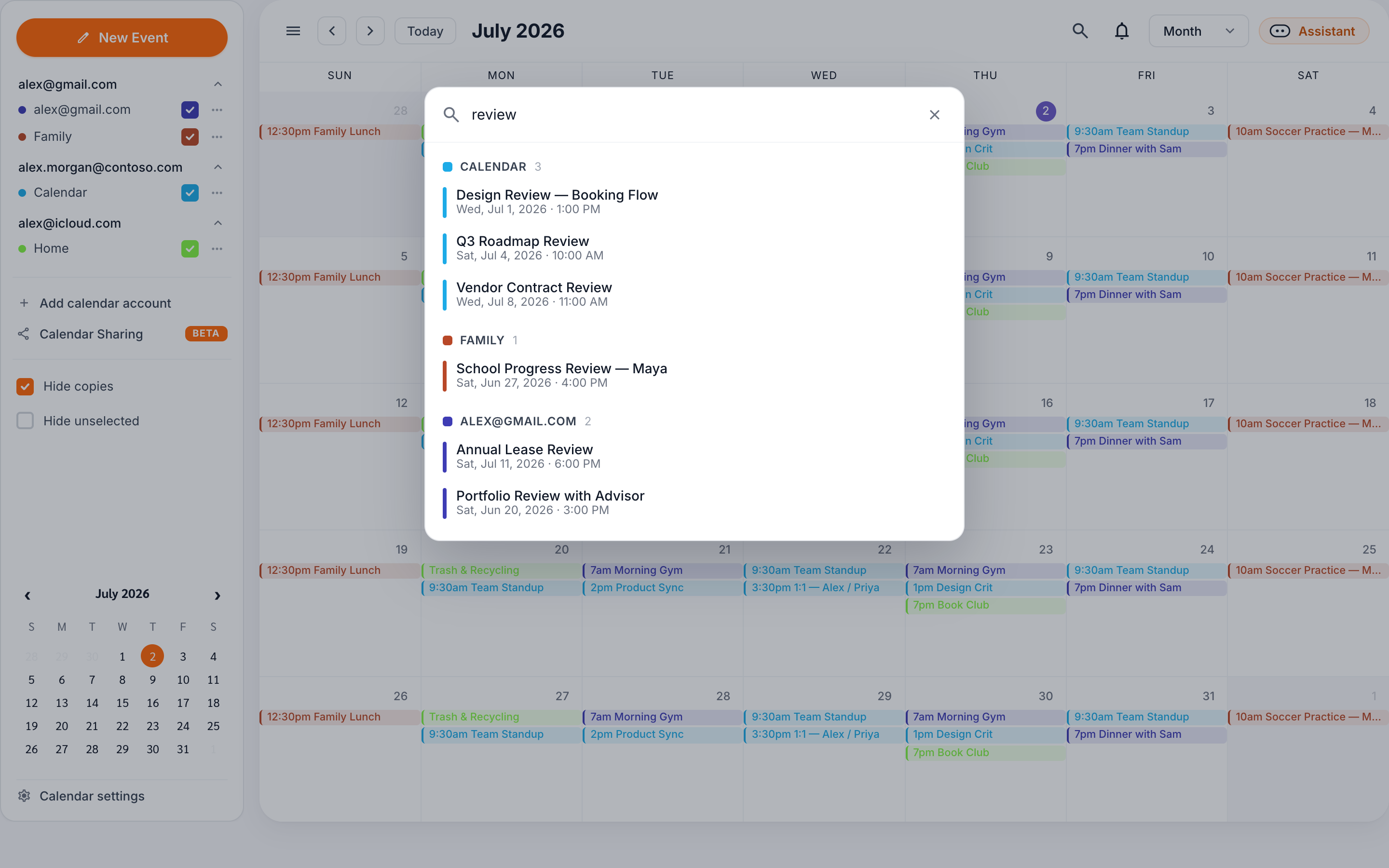 The calendar search overlay showing results for the query 'review', grouped by calendar across a work Microsoft account and a personal Google account