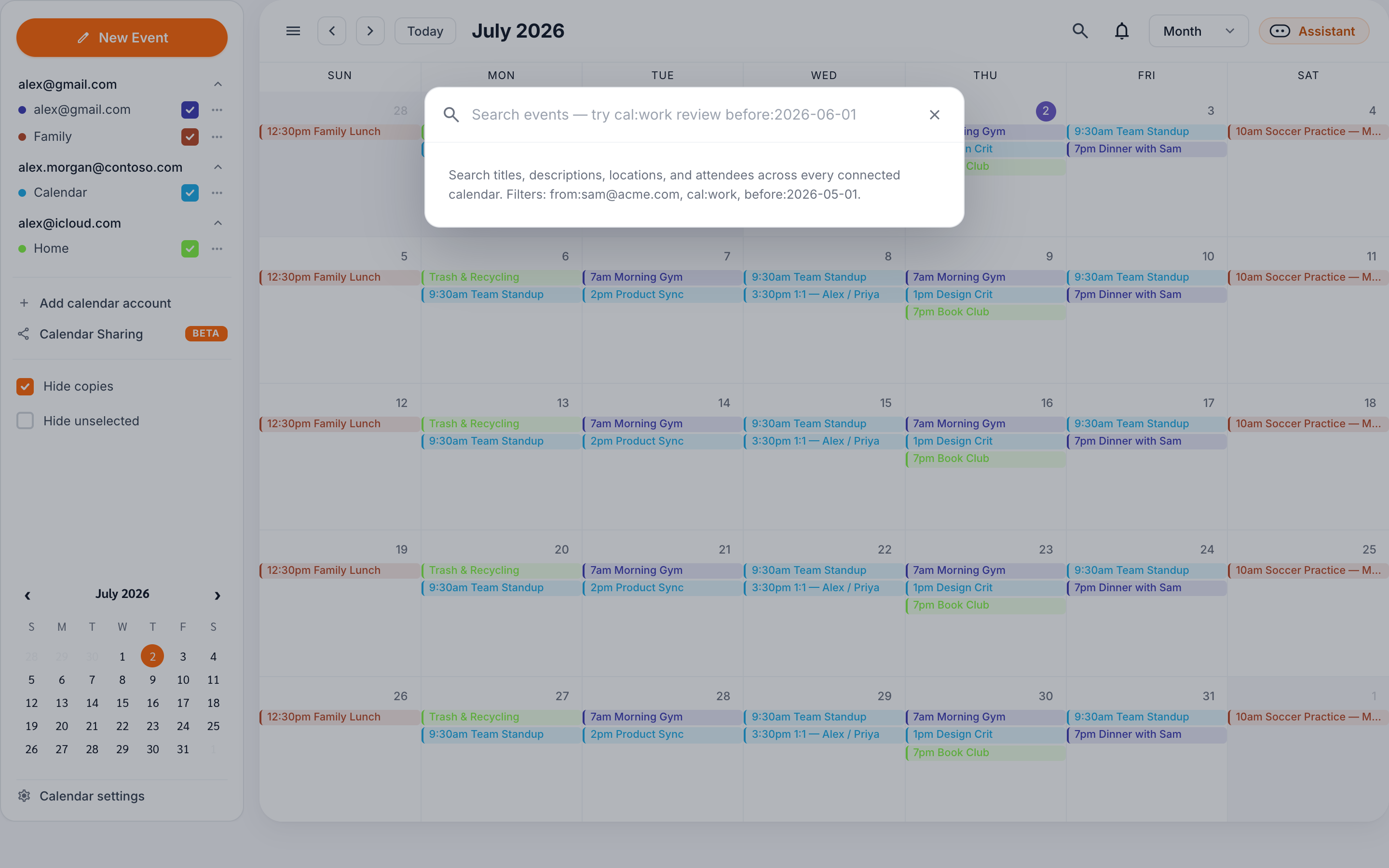 The calendar search overlay in its empty state, showing the filter syntax hint