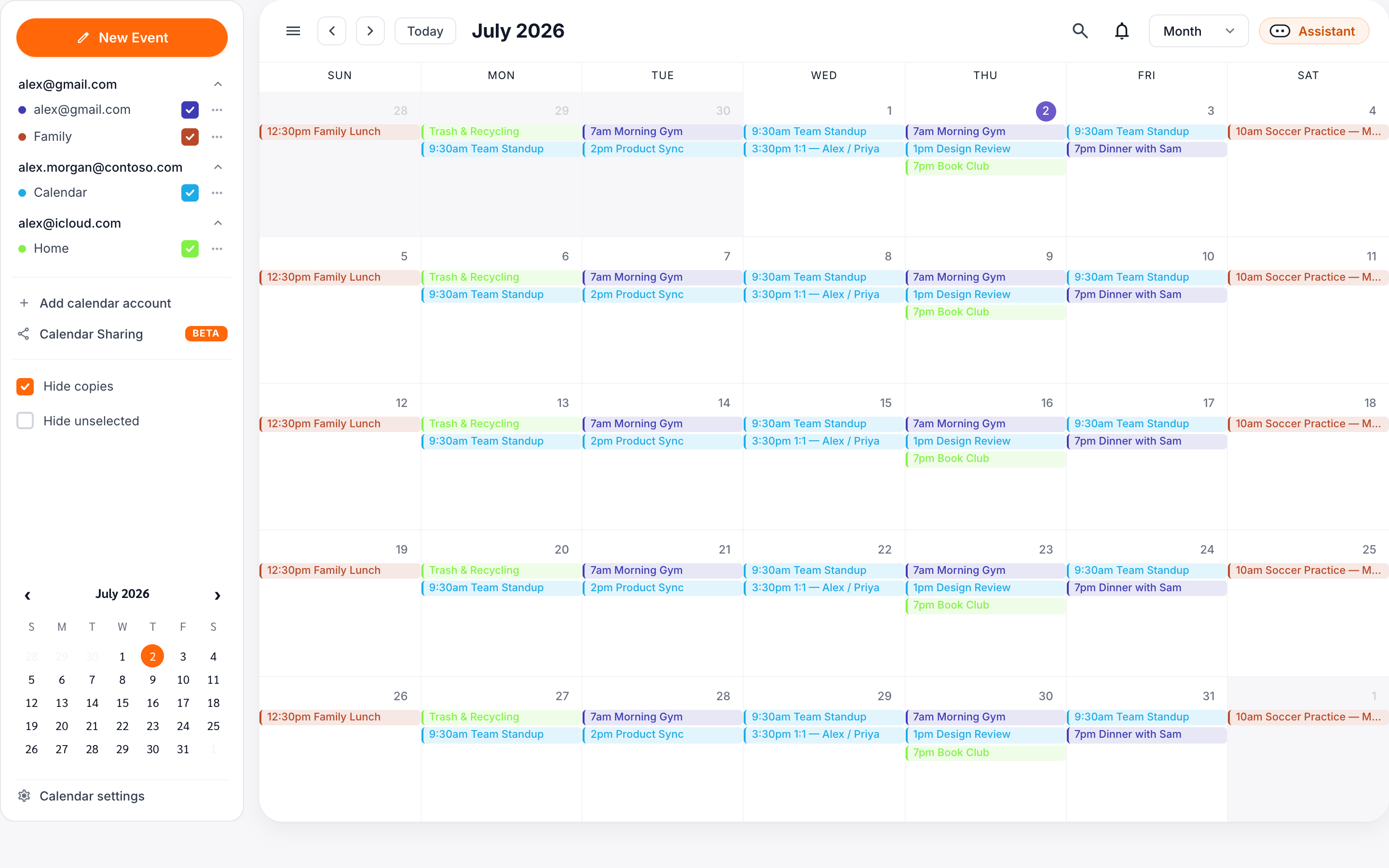 The CalendarBridge unified calendar showing multiple connected accounts in the sidebar