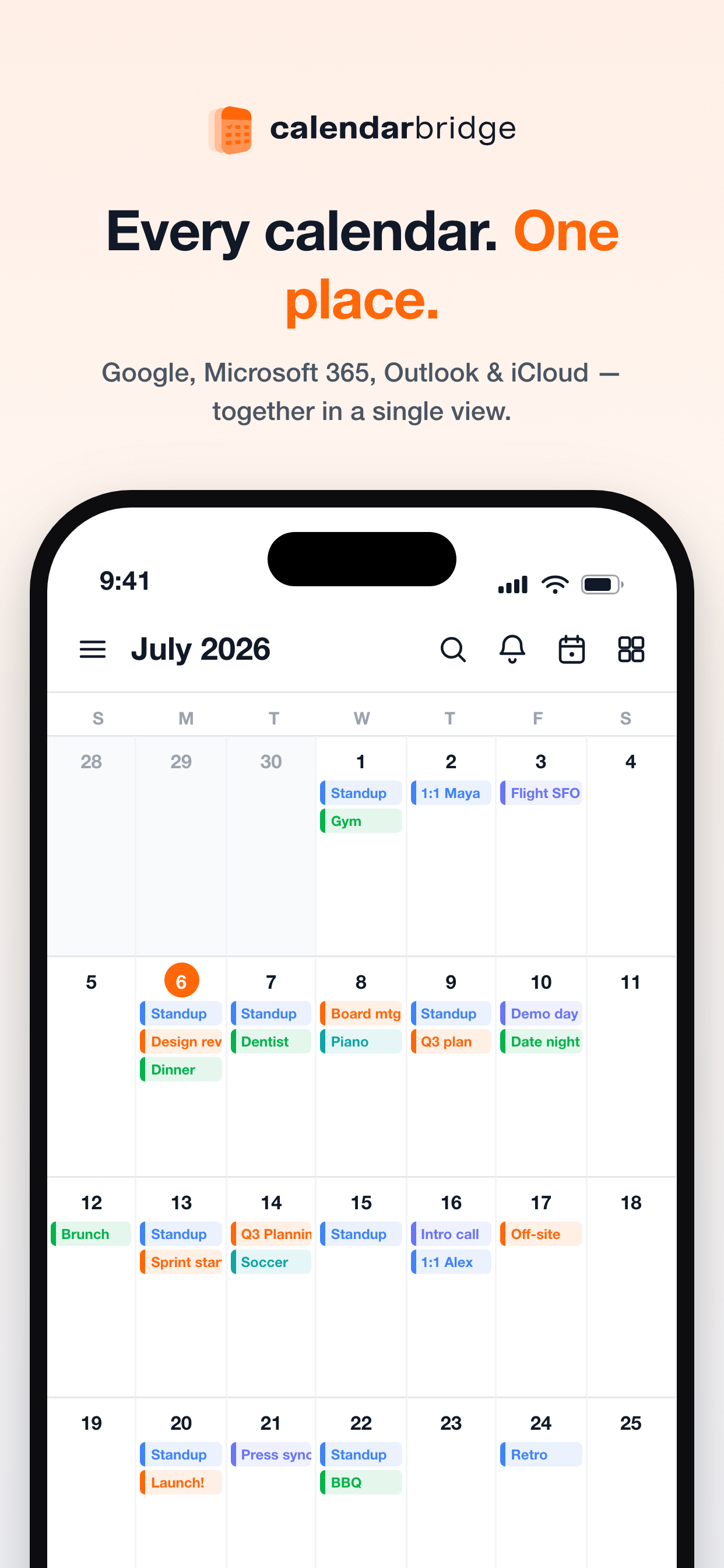 The CalendarBridge mobile app showing a unified month view with color-coded events from Google, Microsoft, Outlook, and iCloud accounts together