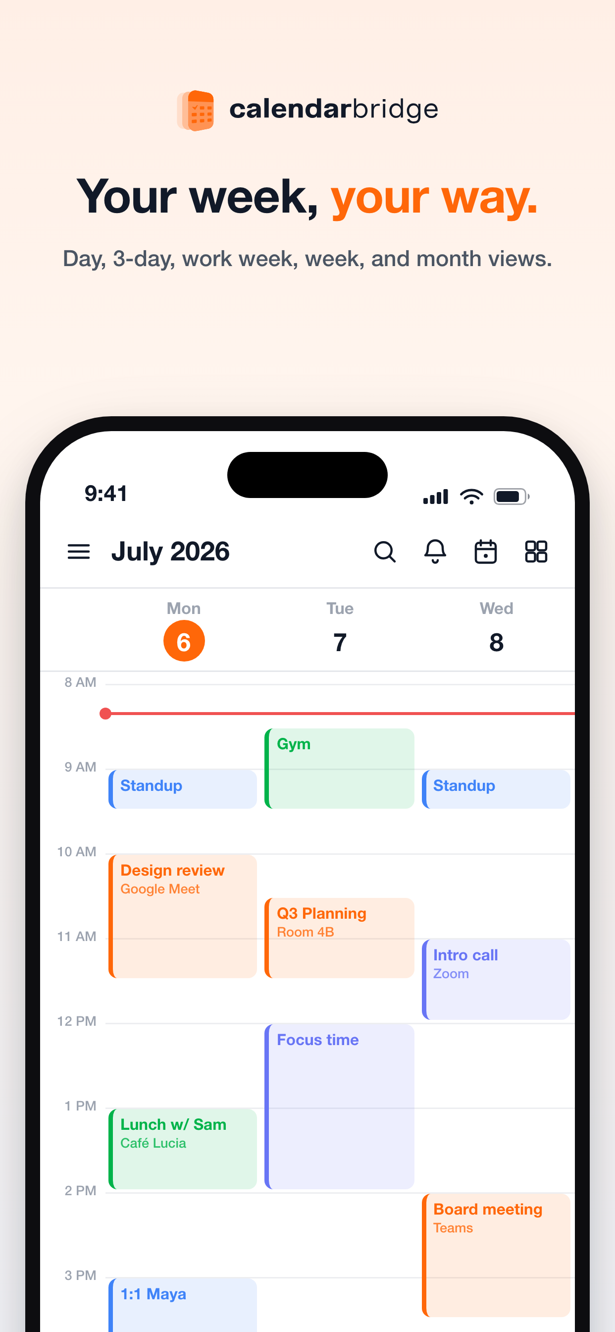 A three-day time-grid view in the CalendarBridge app with events, conferencing details, and the current-time line