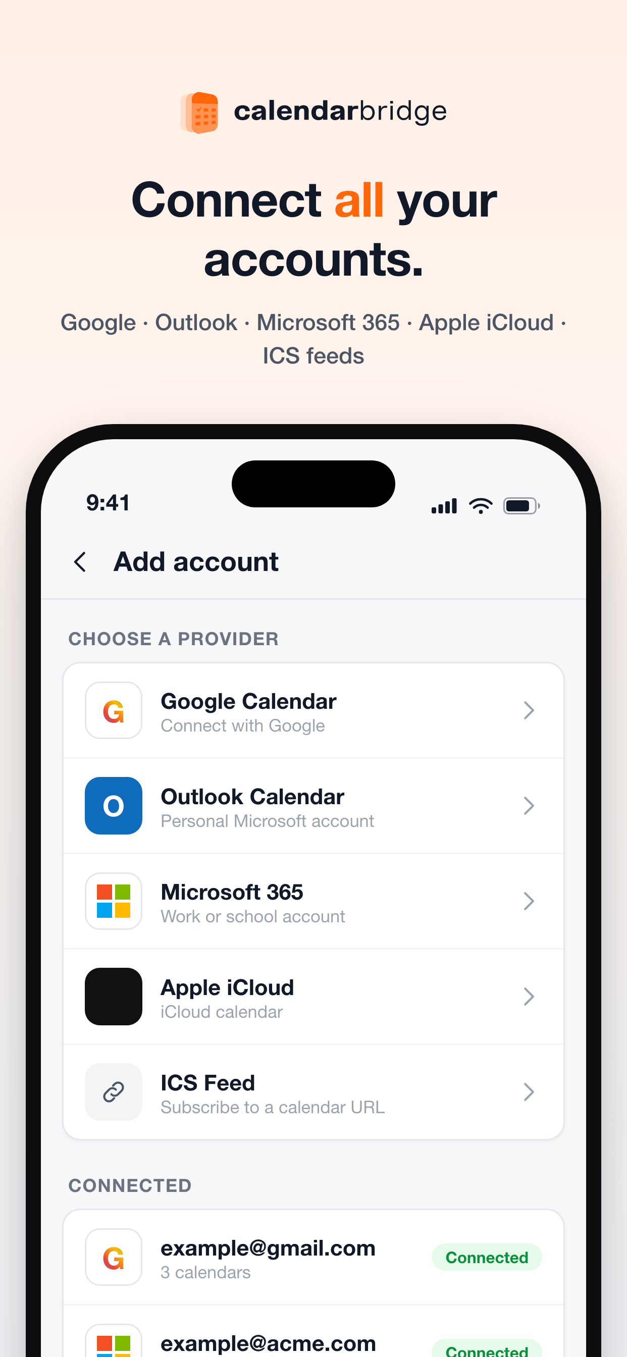 The Add account screen listing Google Calendar, Outlook, Microsoft 365, Apple iCloud, and ICS Feed as providers