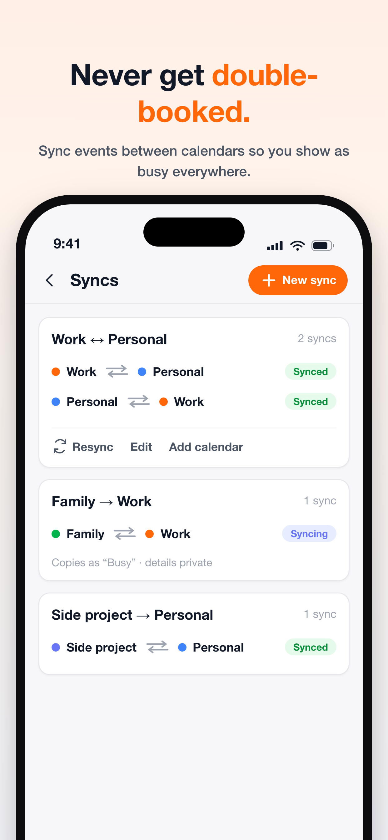 The Syncs screen showing two-way and one-way calendar syncs with Synced status badges and a New sync button