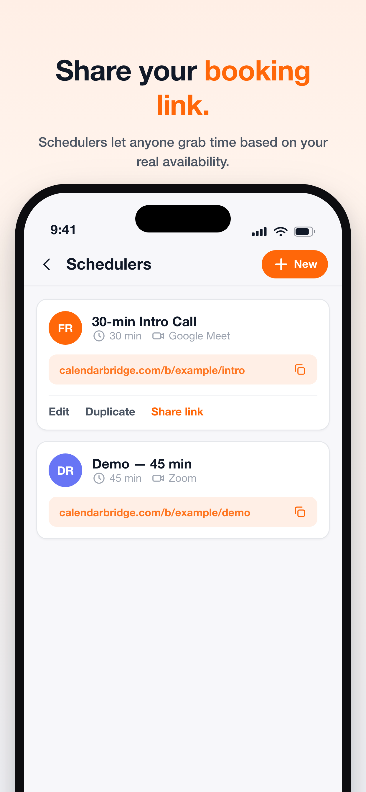 The Schedulers screen with shareable booking links for a 30-minute intro call and a 45-minute demo
