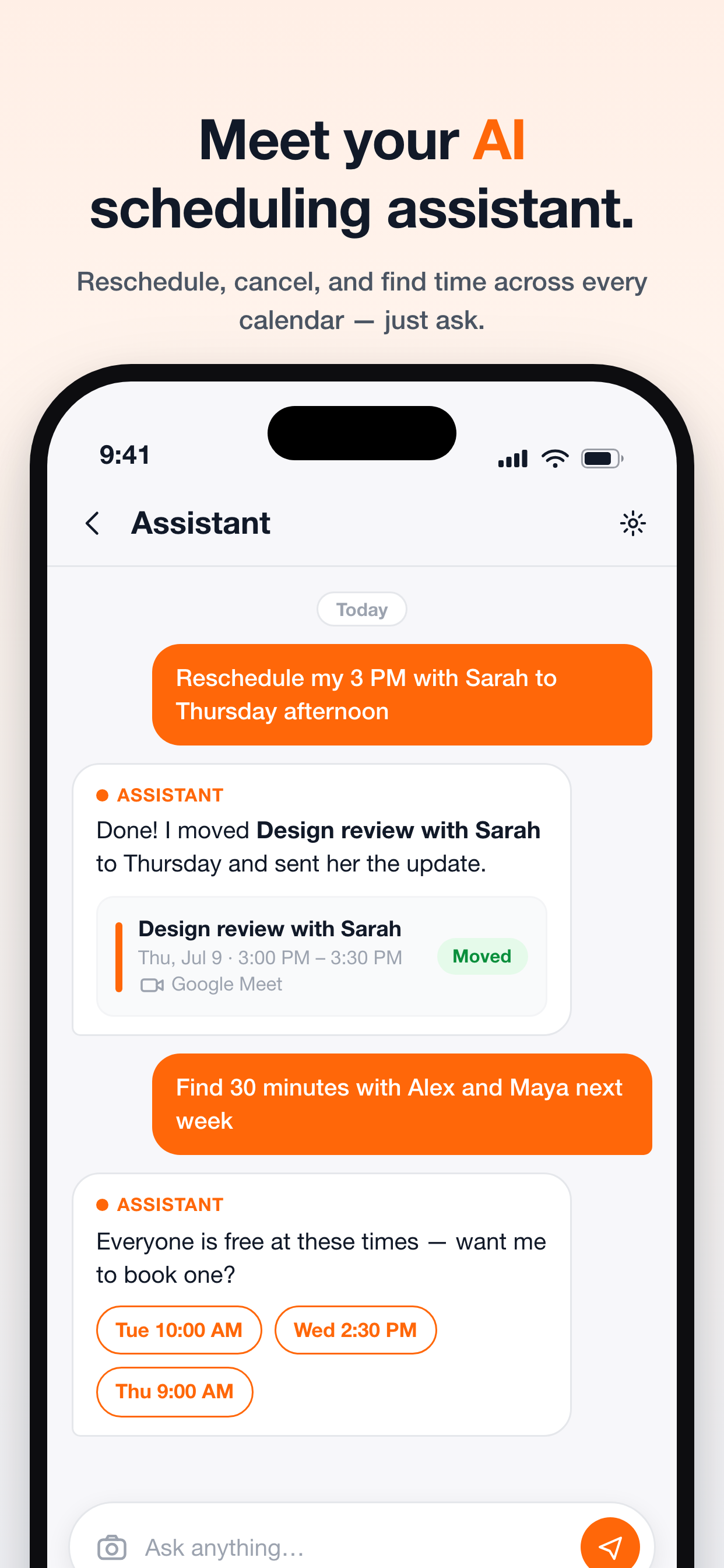 The AI assistant chat rescheduling a meeting and proposing open time slots across connected calendars