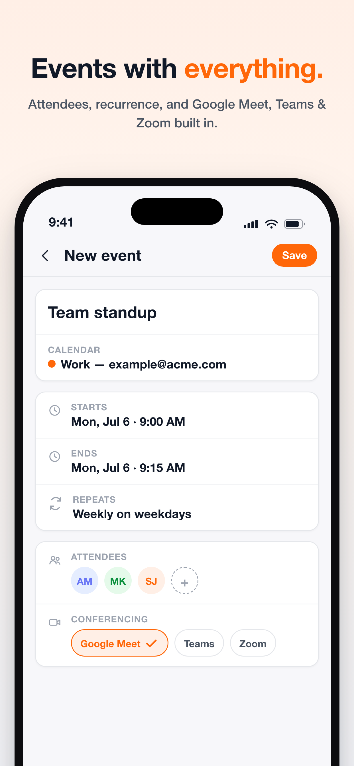 The New event screen with a calendar picker, start and end times, recurrence, attendees, and Google Meet, Teams, and Zoom conferencing options