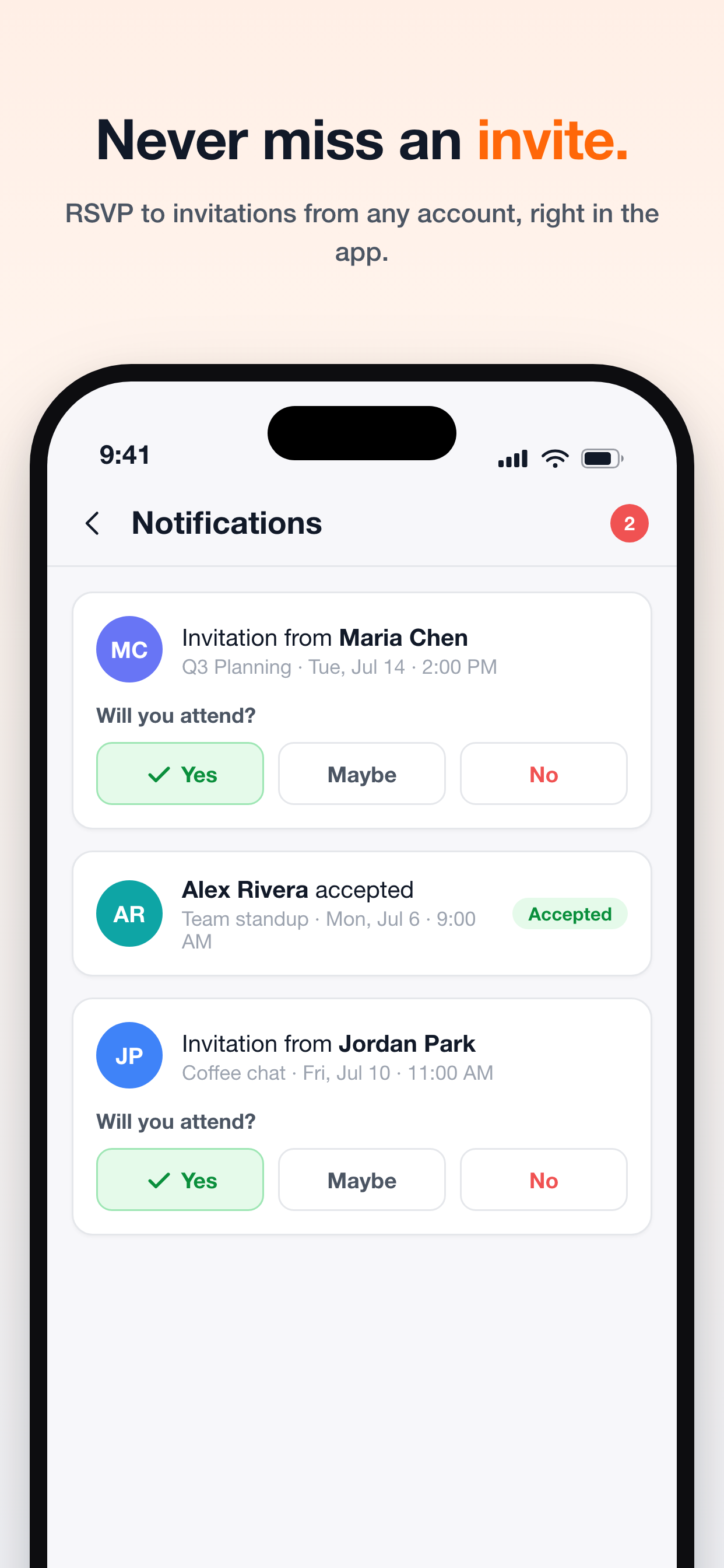 The Notifications screen showing incoming invitations with Yes, Maybe, and No RSVP buttons