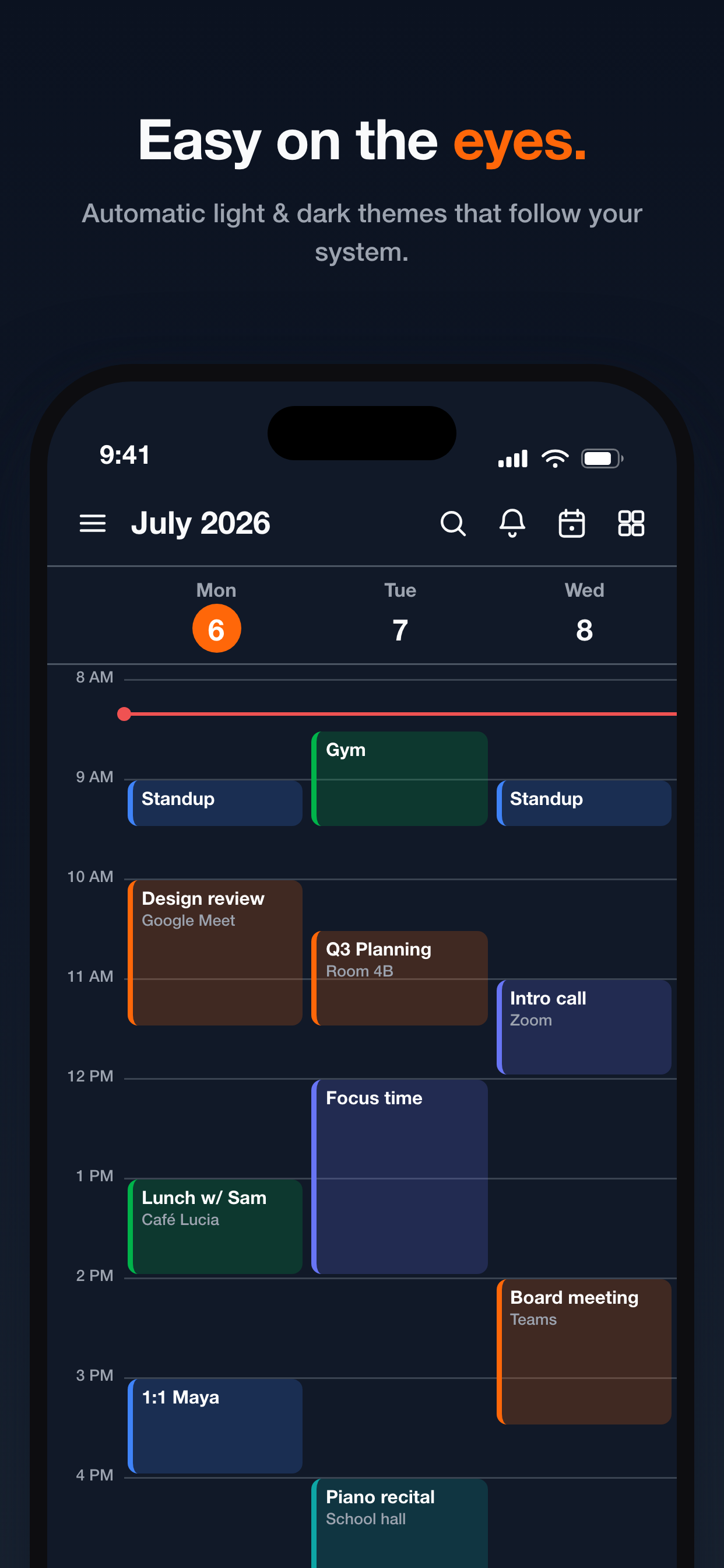 The CalendarBridge calendar shown in dark mode with color-coded events on a dark background