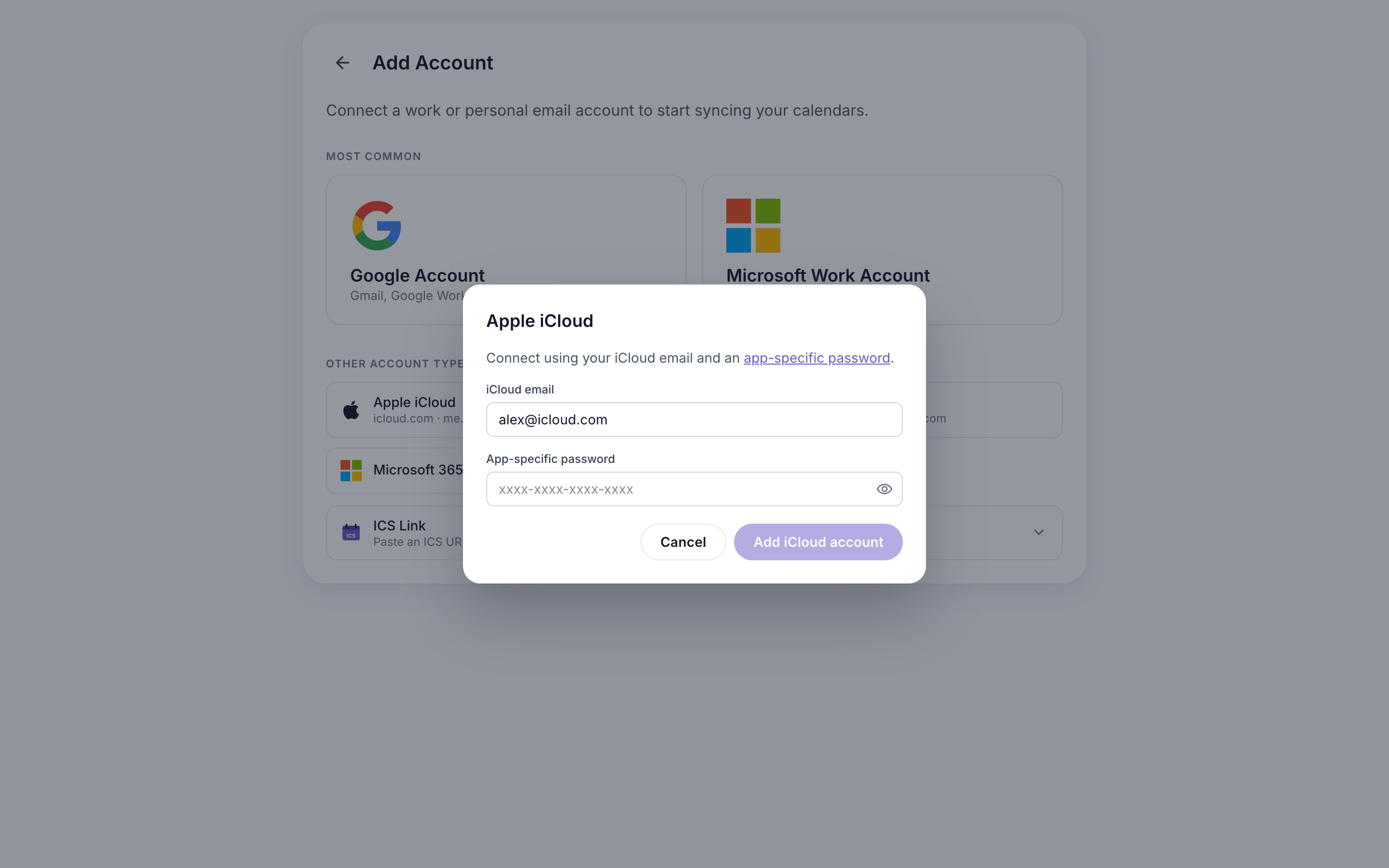 Enter your iCloud email address and app-specific password