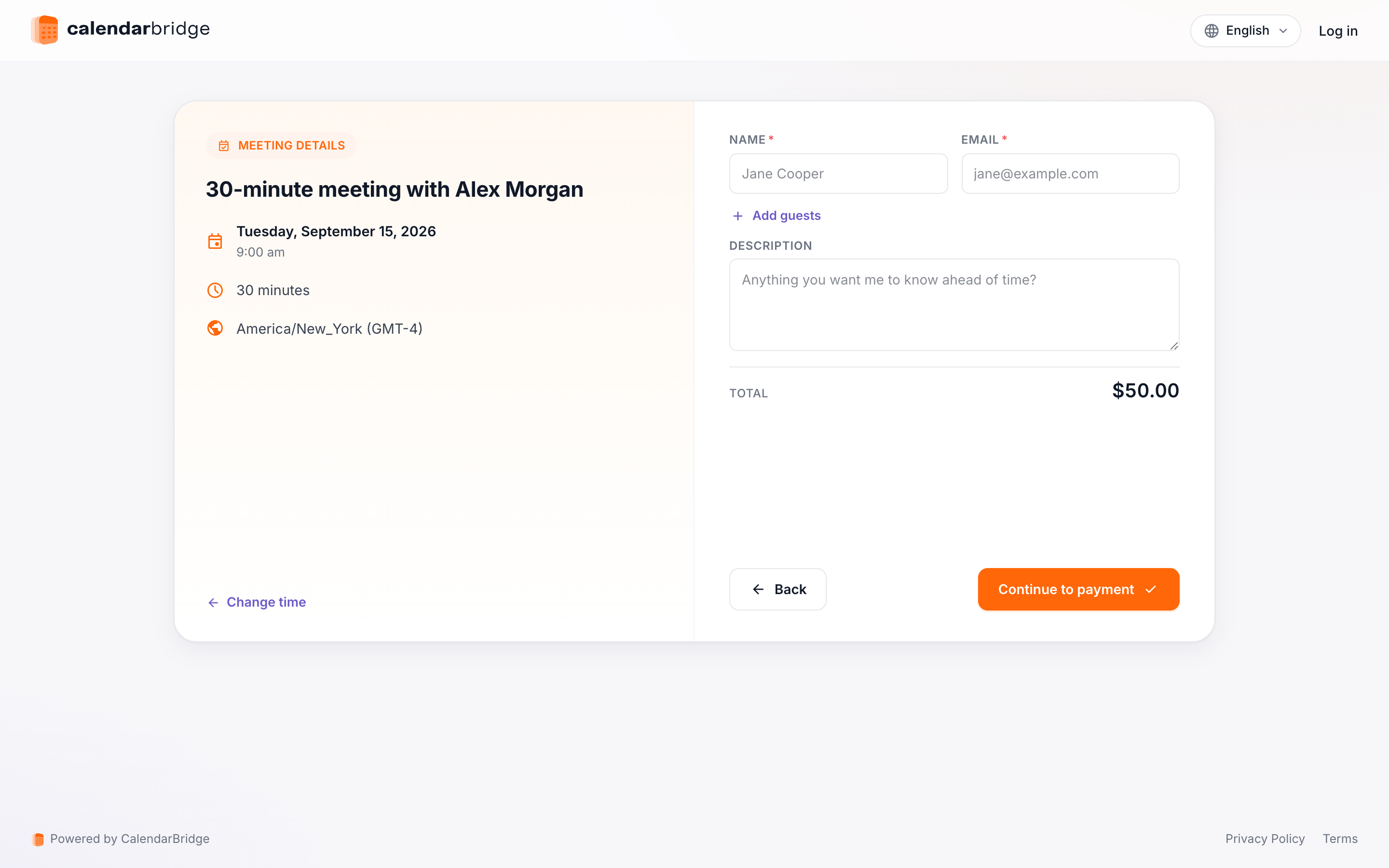The booking details form shows the total before payment