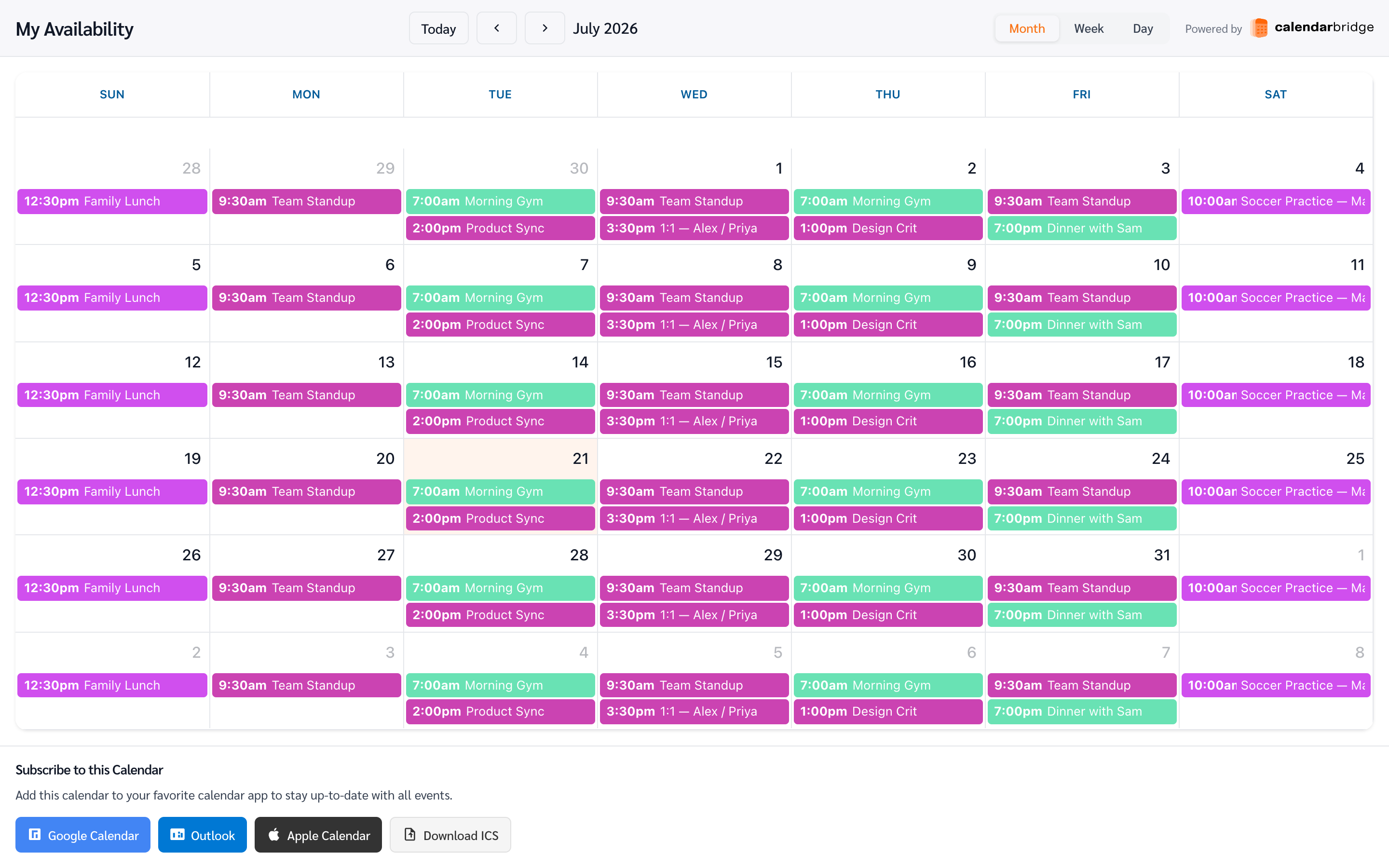 The public web view of the combined, aggregated calendar