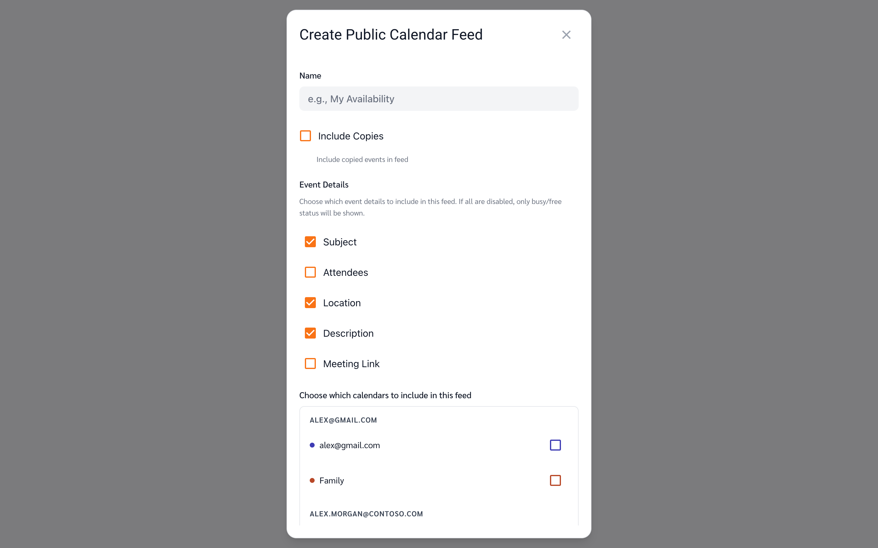 Create Public Calendar Feed — name, event details, and calendar selection
