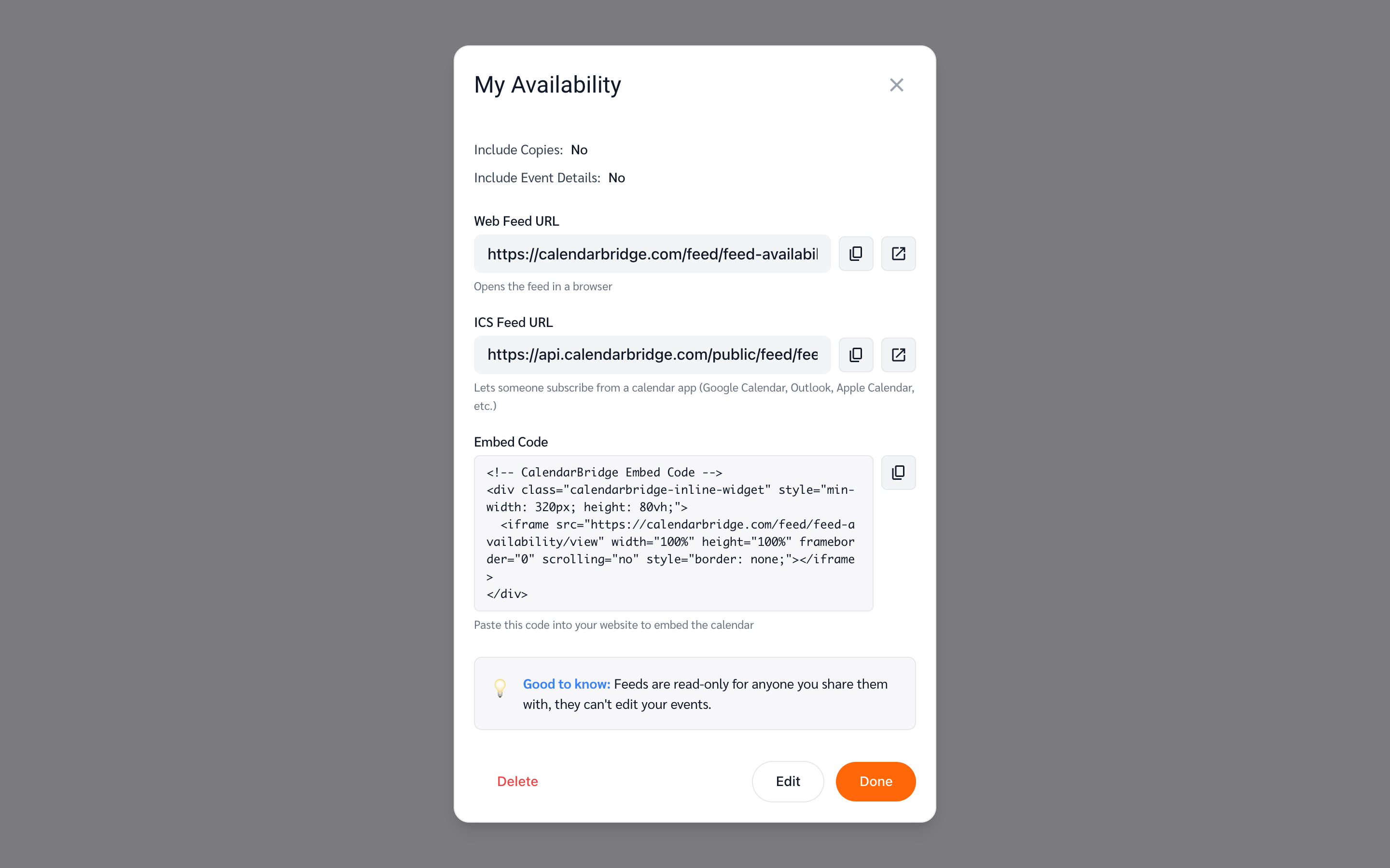 Share links — web view URL, ICS subscription URL, and embed code