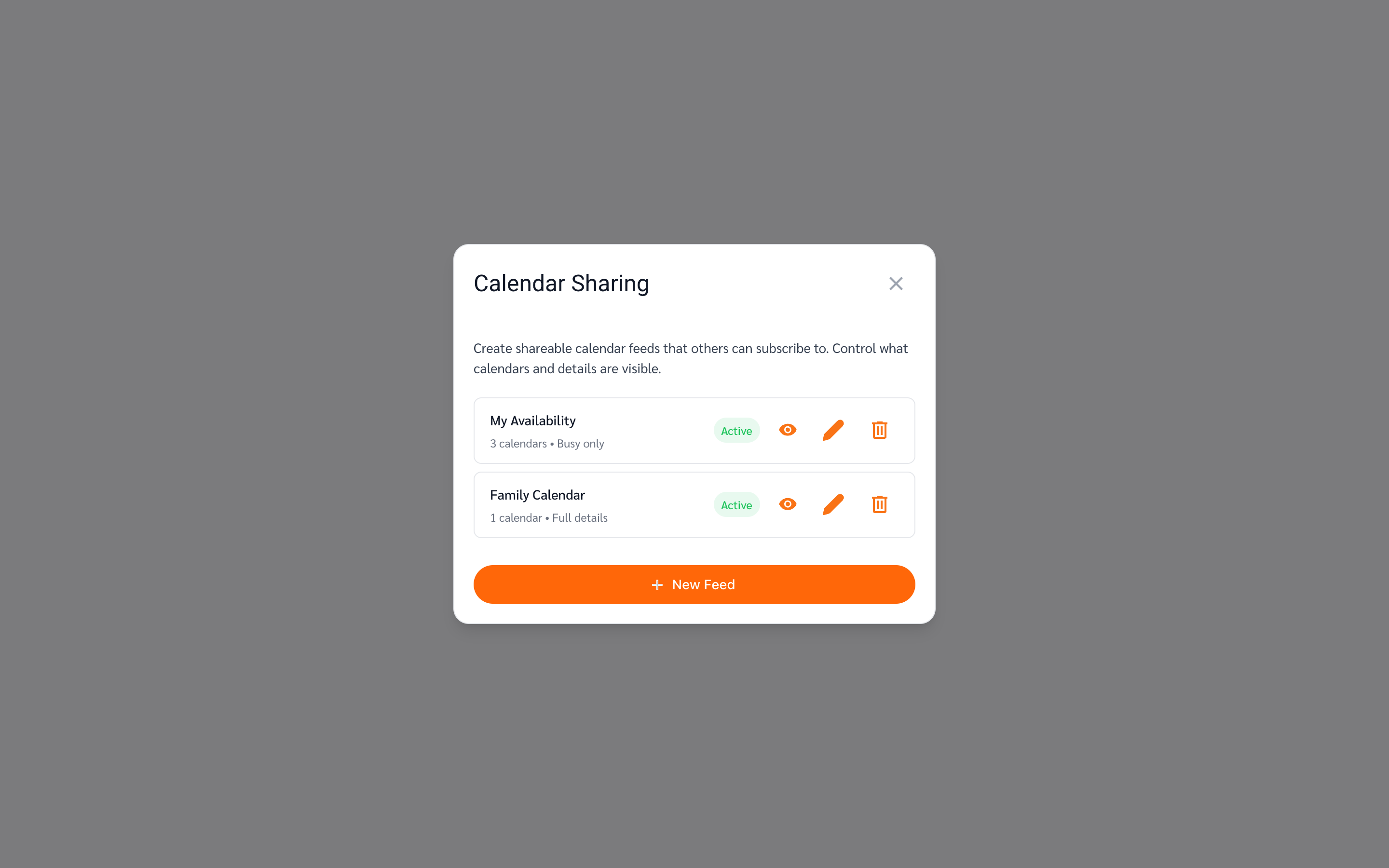 The Calendar Sharing dialog listing your feeds