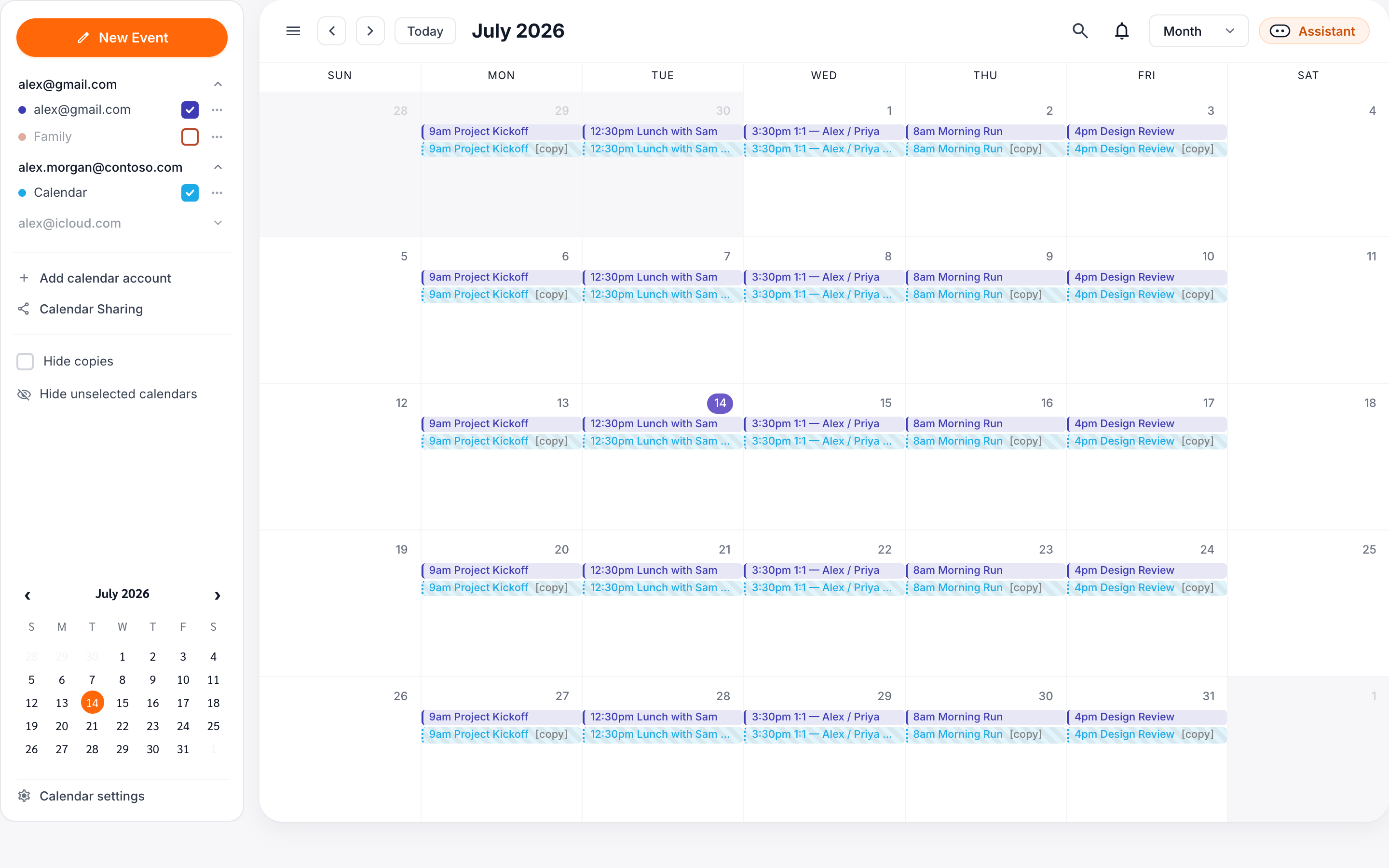 Both calendars in one view — your events mirrored as copies confirm the sync is working