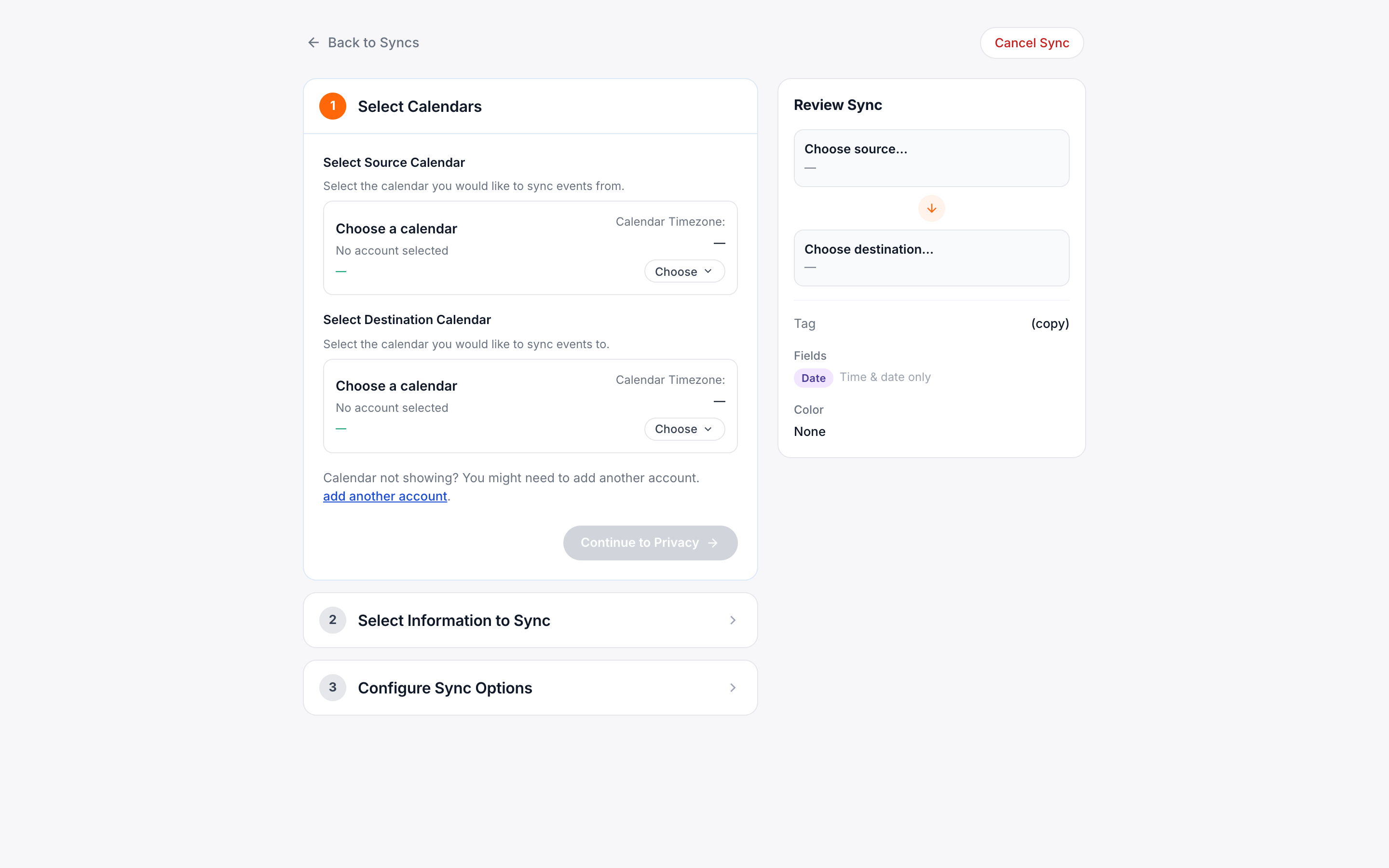 Select source and destination calendars