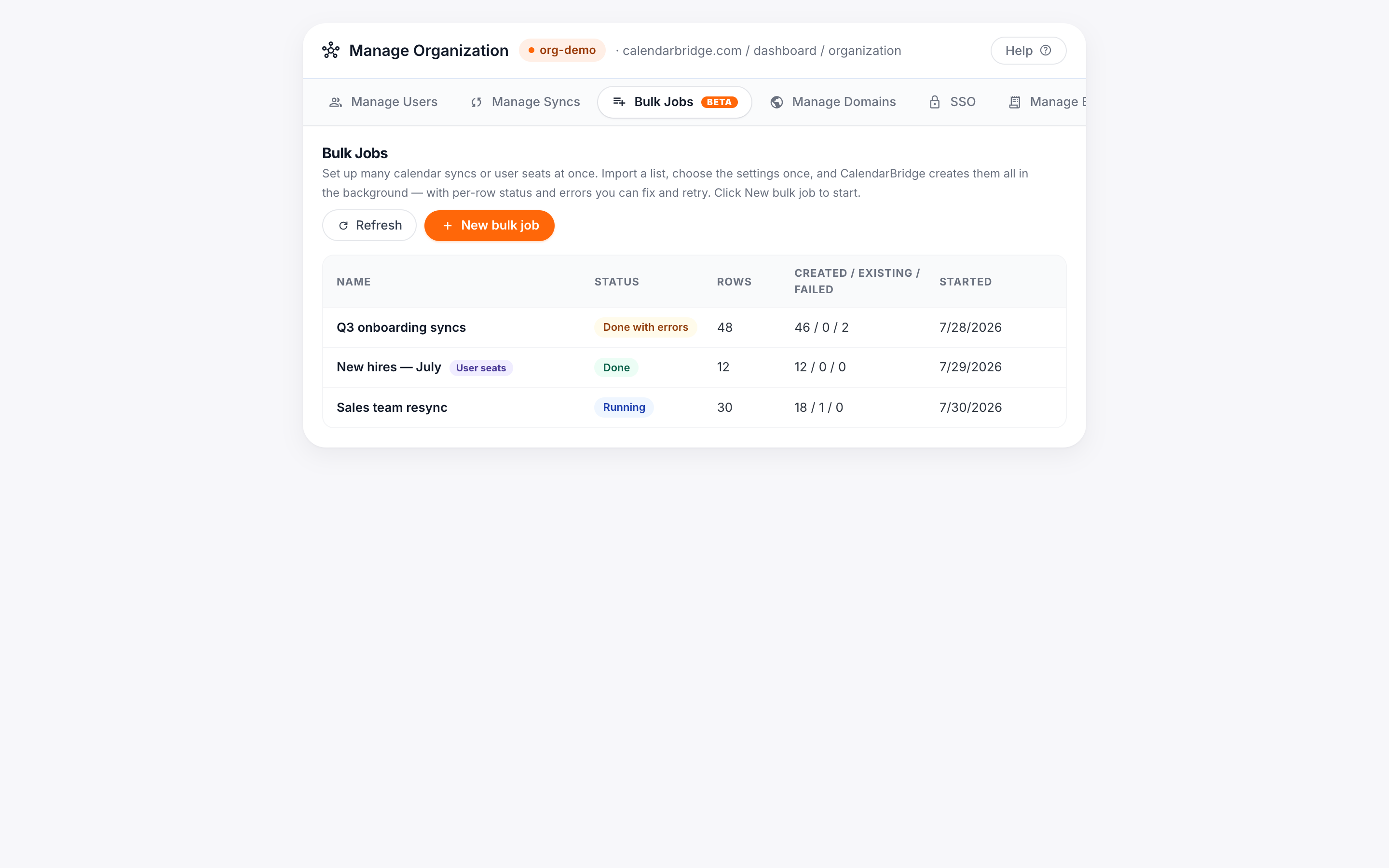 The Bulk Jobs tab lists your jobs with their status and results