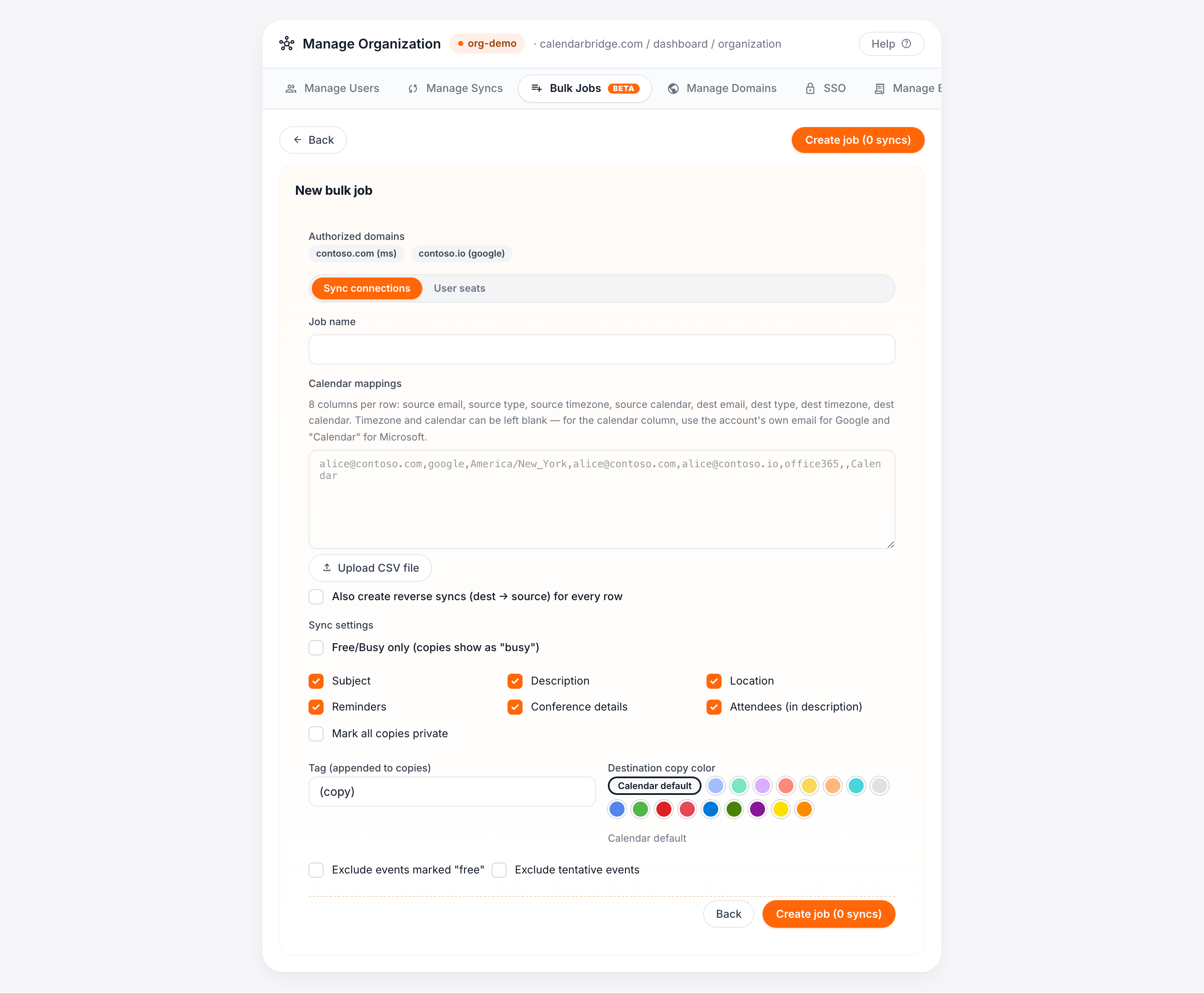 The New bulk job wizard — import the mappings, then choose the settings once