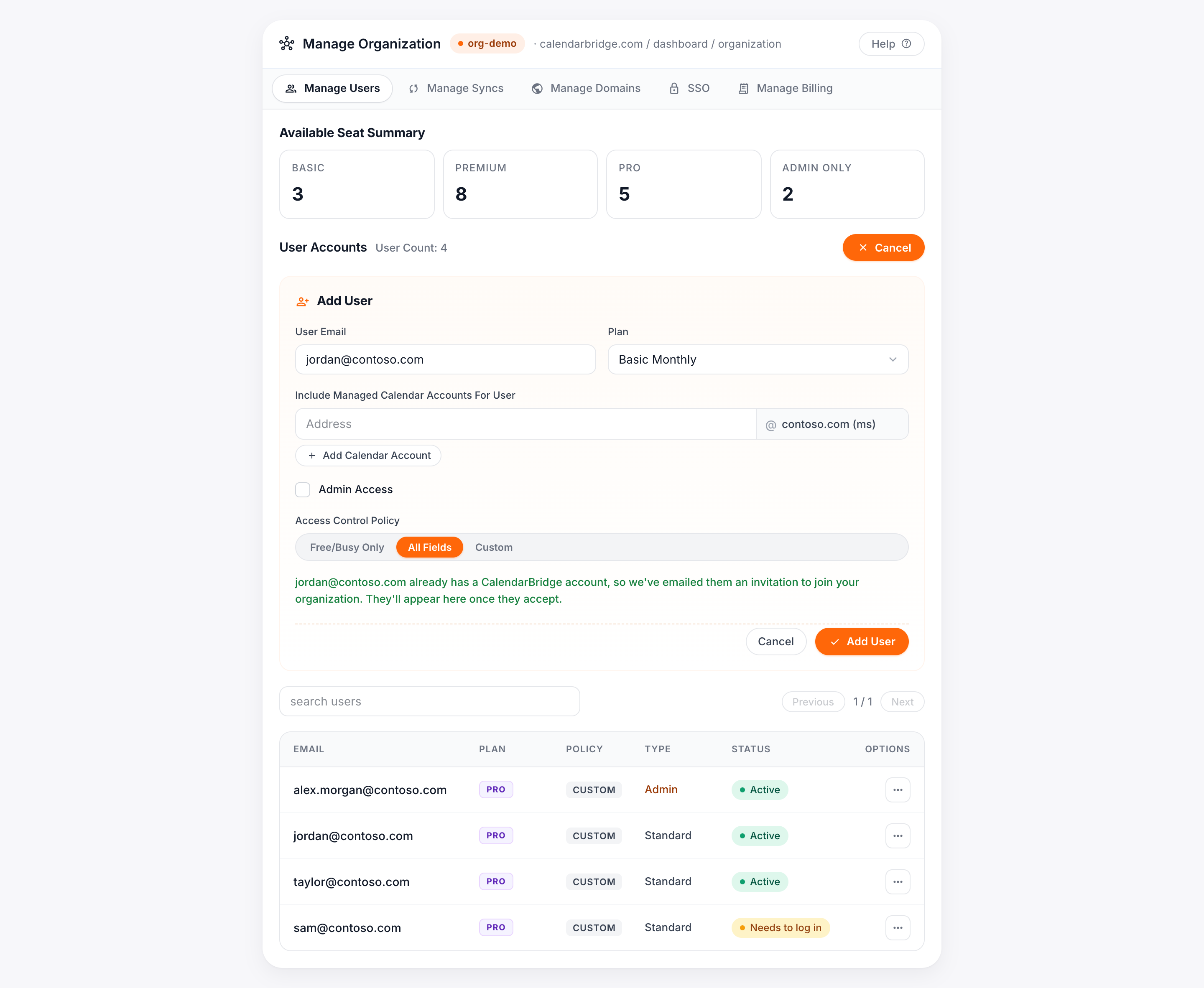 The invitation-sent confirmation in the org portal
