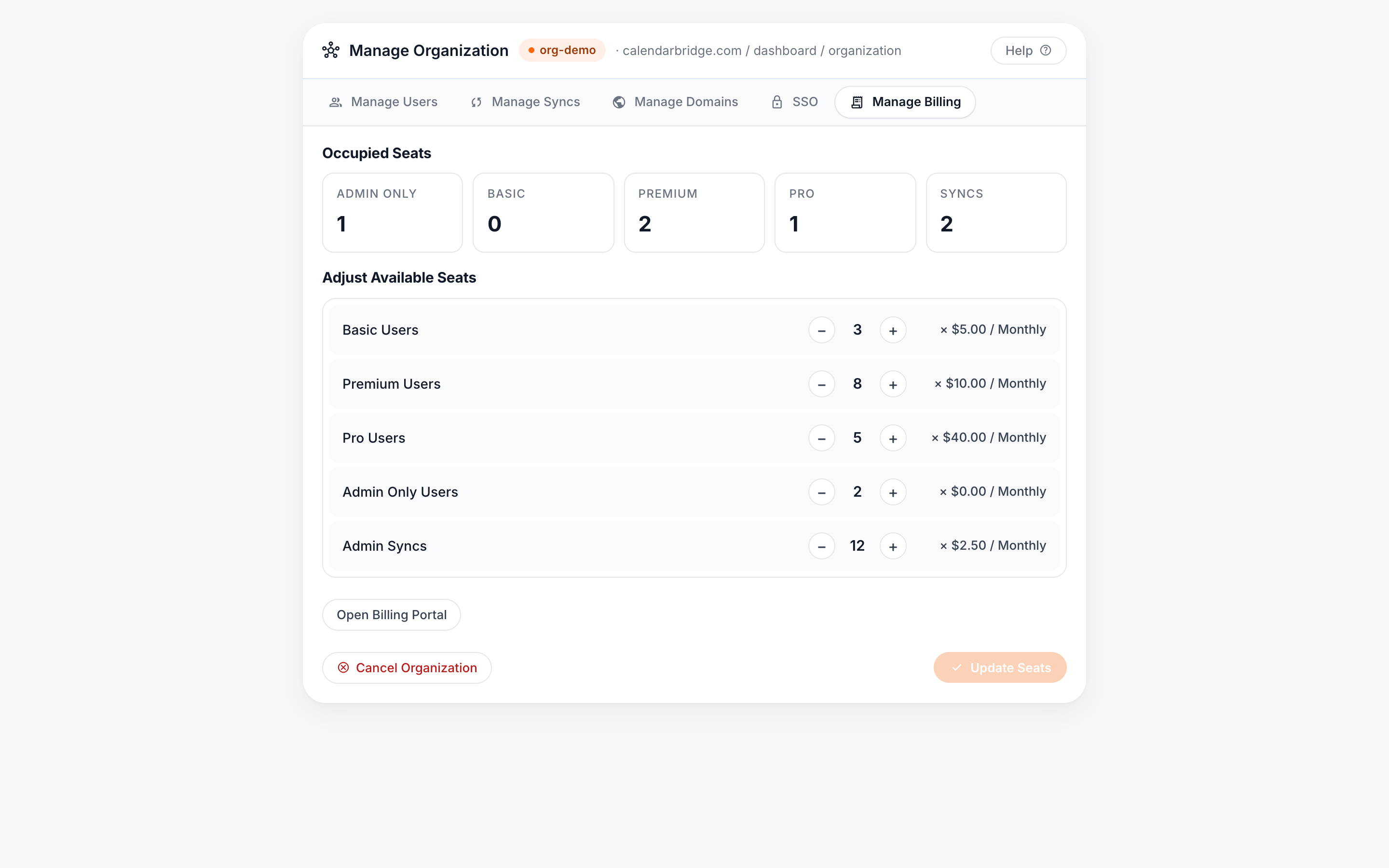 The Manage Billing tab — occupied seats and per-plan seat steppers