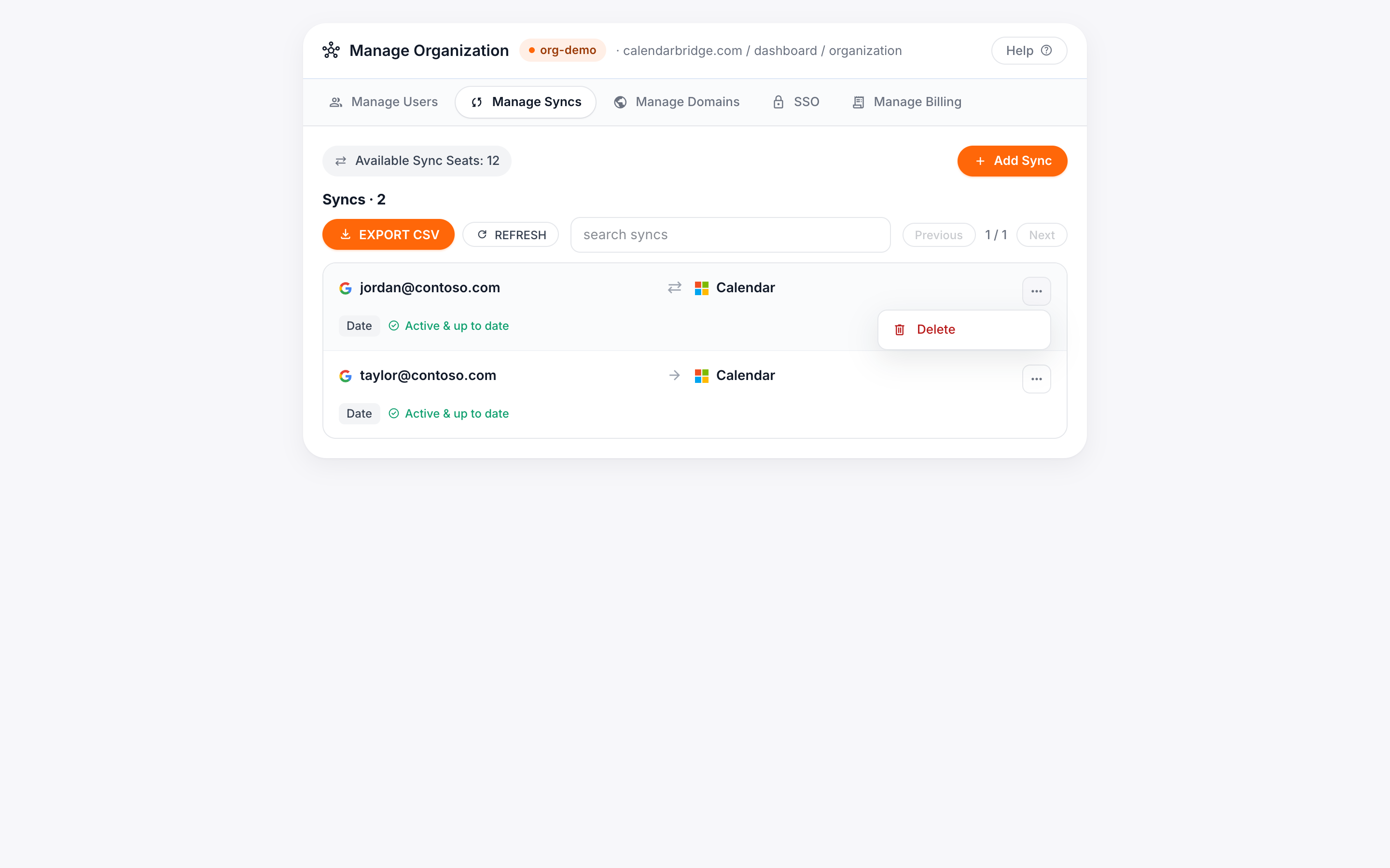 Open a sync's menu and choose Delete to free the sync license