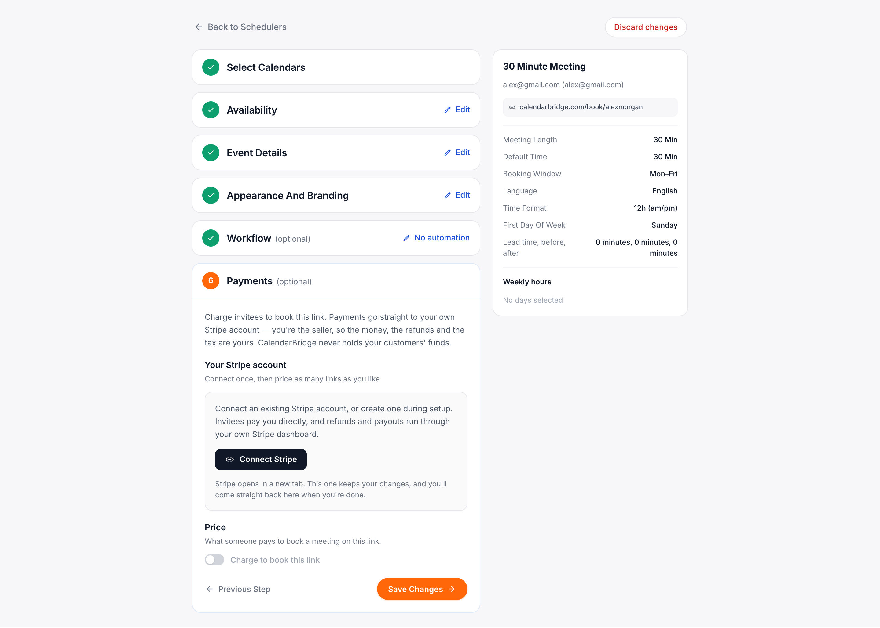 Step 6, Payments, before a Stripe account is connected