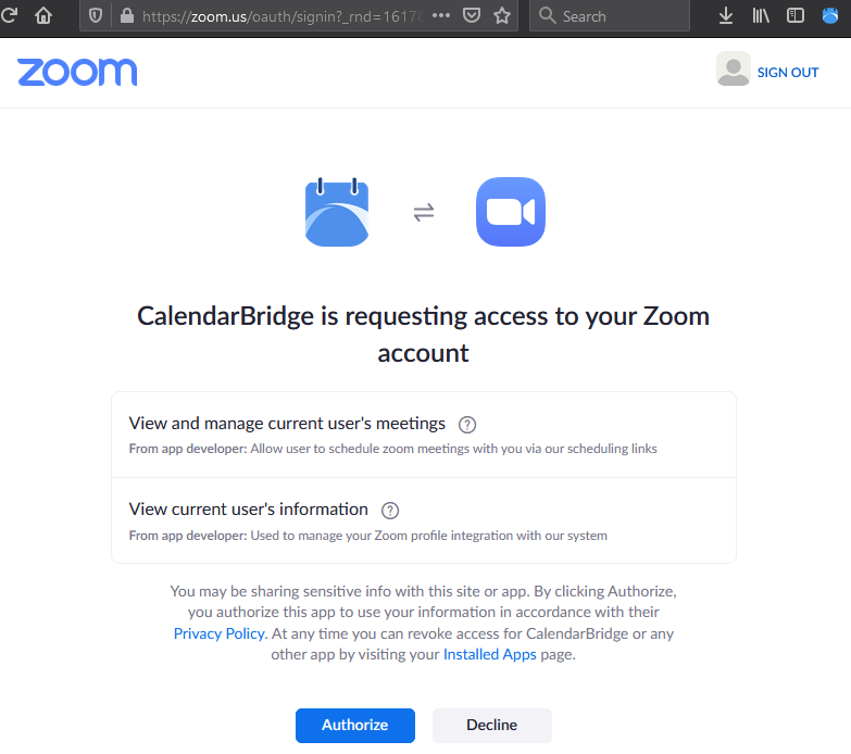 Zoom permissions page