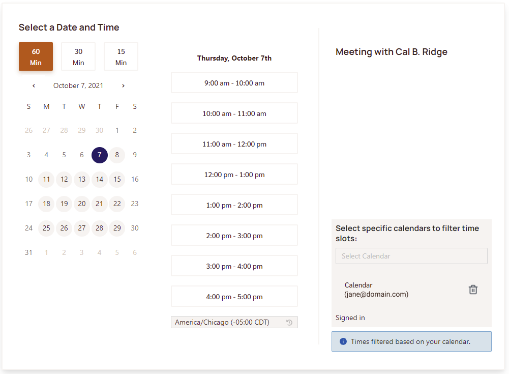 Booking page with times filtered