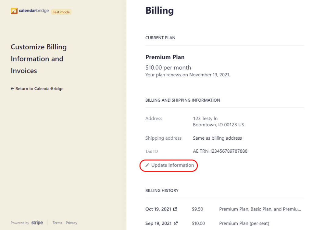Stripe customer portal invoice list