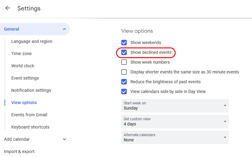 Google setting show declined events