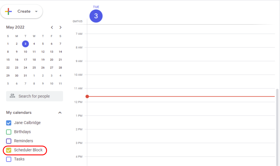 Scheduler Block calendar added to Google Calendar Account