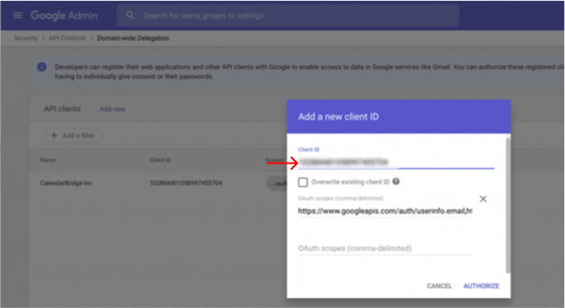 Google admin Client ID field