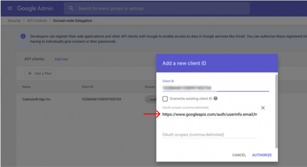 Google admin OAuth scopes field