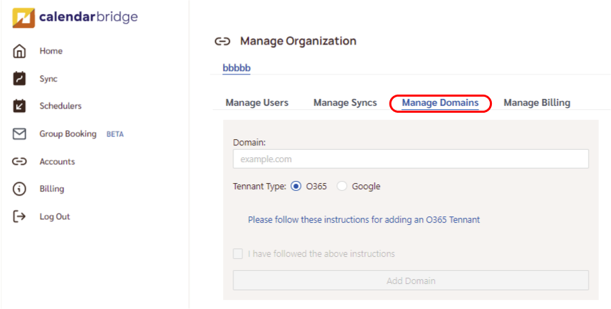 Manage Domains panel