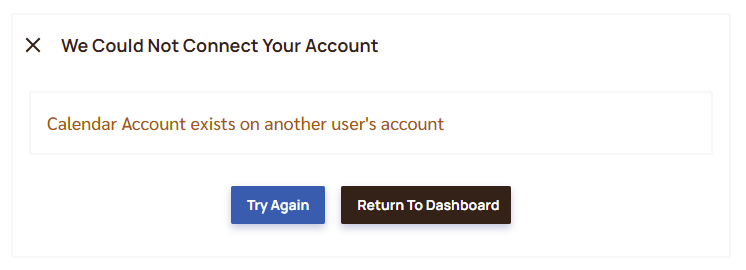 Error message: Calendar account exists on another user's account