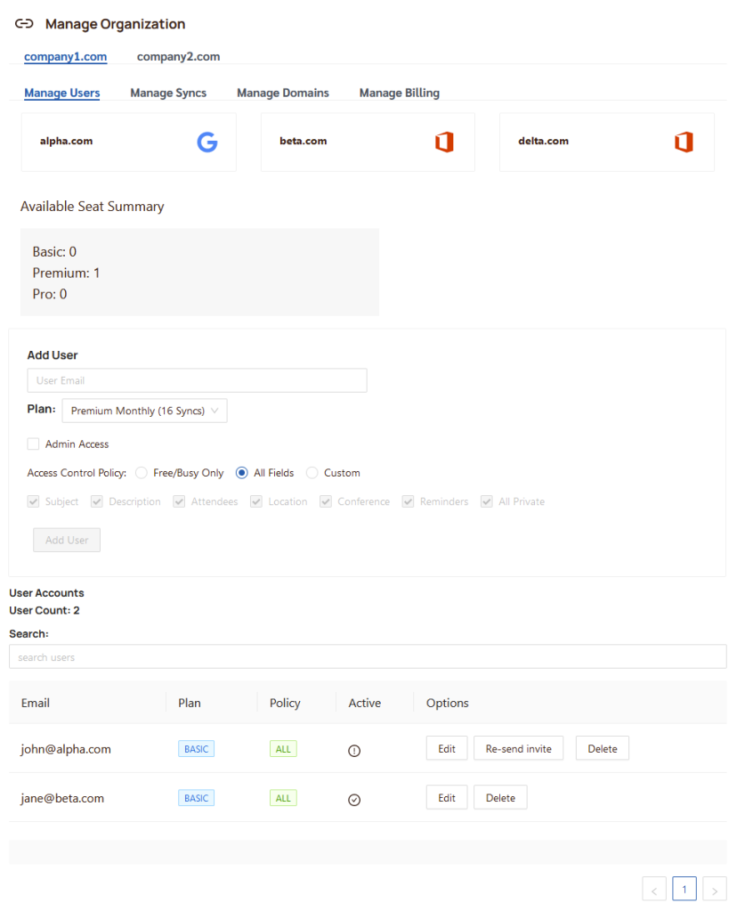 Group admin panel showing the Manage Users section