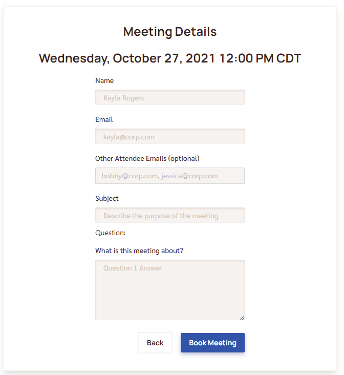 example Information collection form for a calendarbridge scheduler