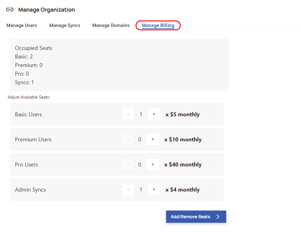 Manage Billing tab