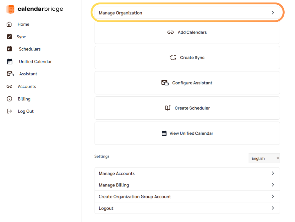 Manage your Organization button on the CalendarBridge dashboard