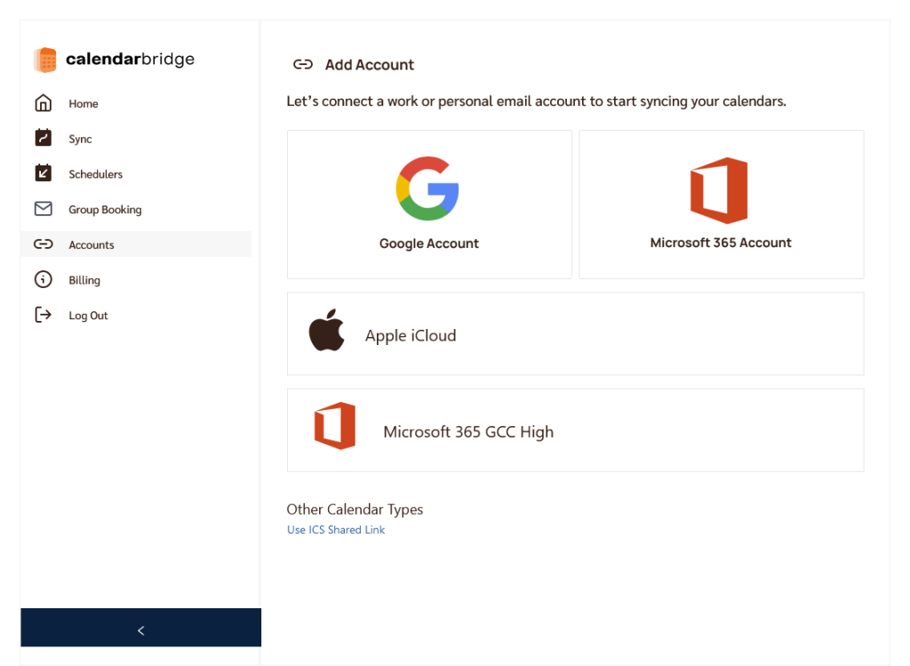 CalendarBridge choose calendar account type