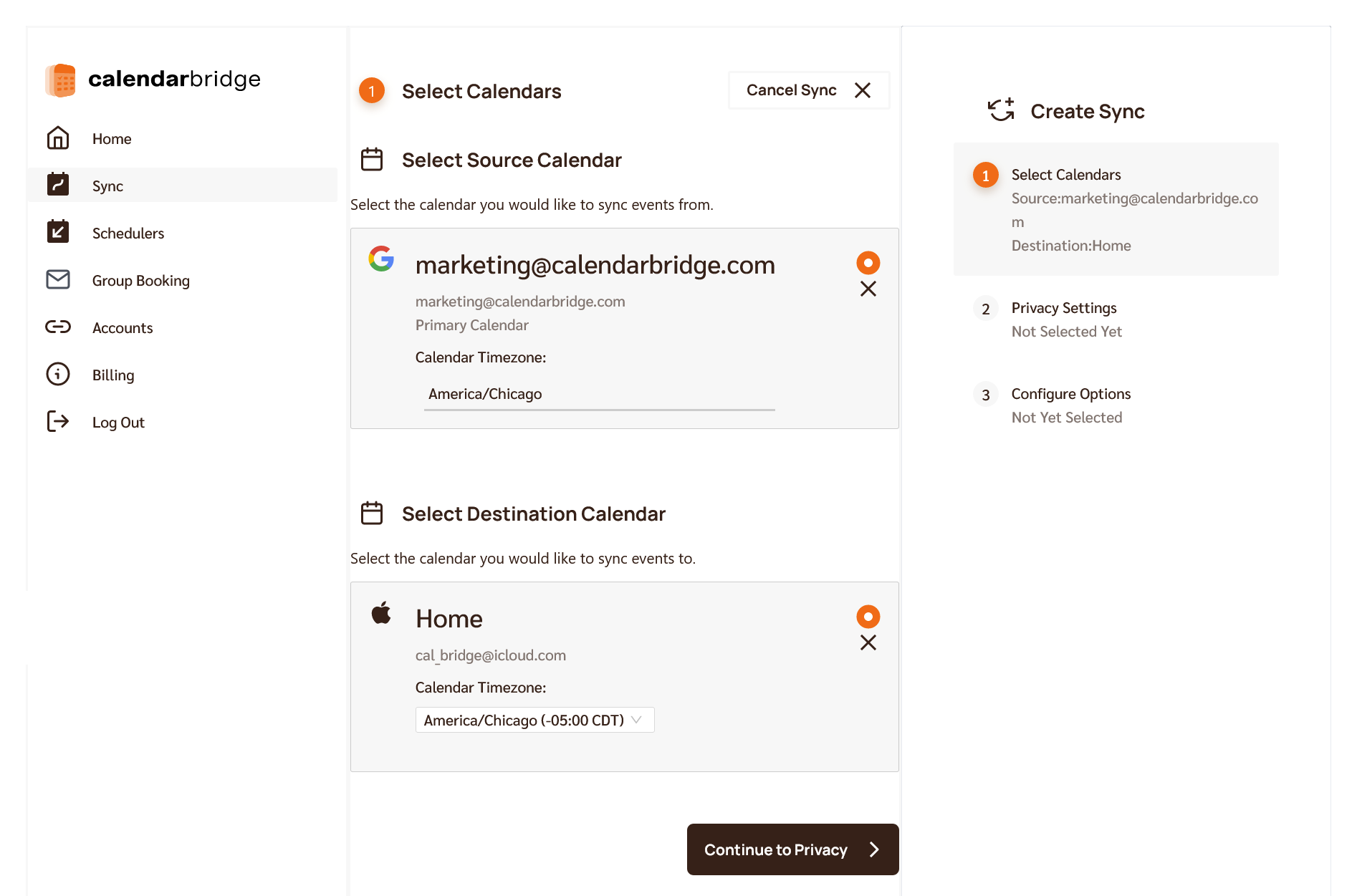 source and destination calendars selected