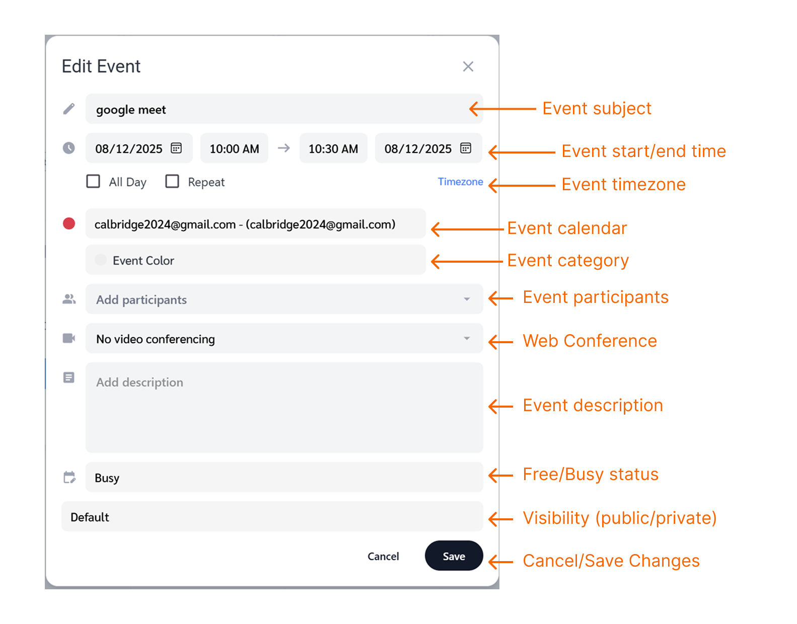 CalendarBridge Unified Calendar Create/Edit Event View
