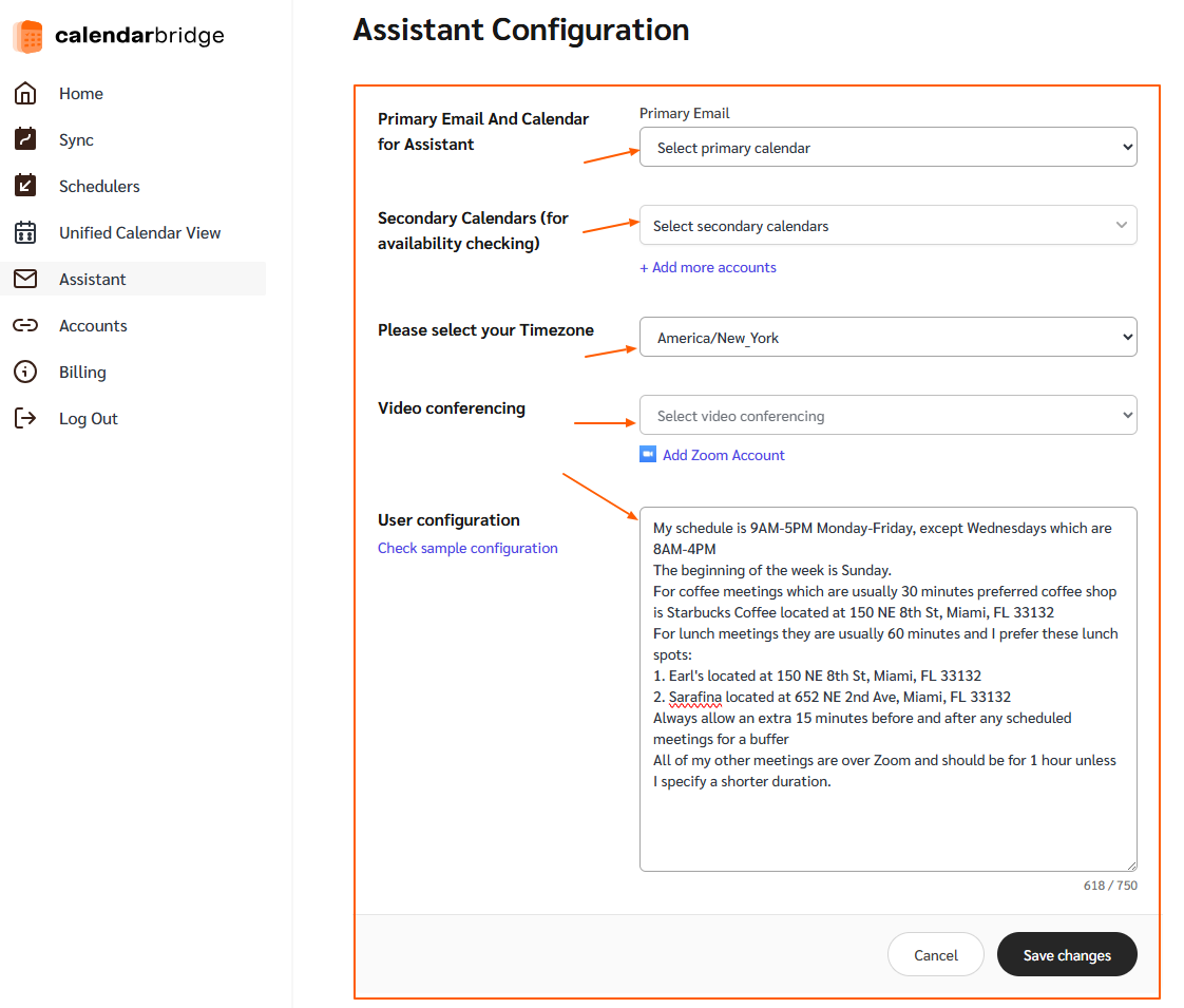 Configure AI scheduling assistant rules and guidelines