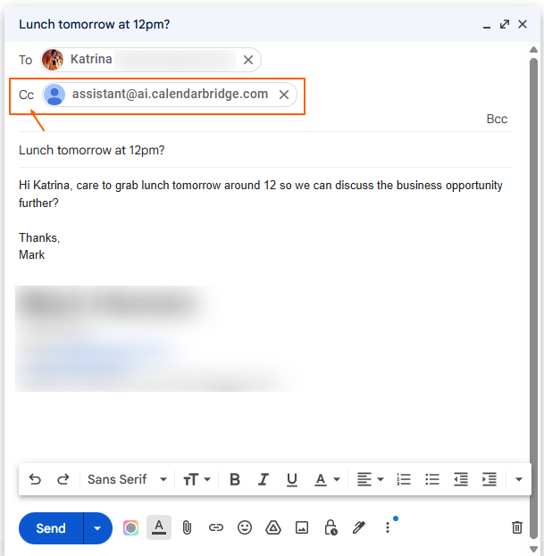 Send the meeting request and include CC for the AI meeting assistant