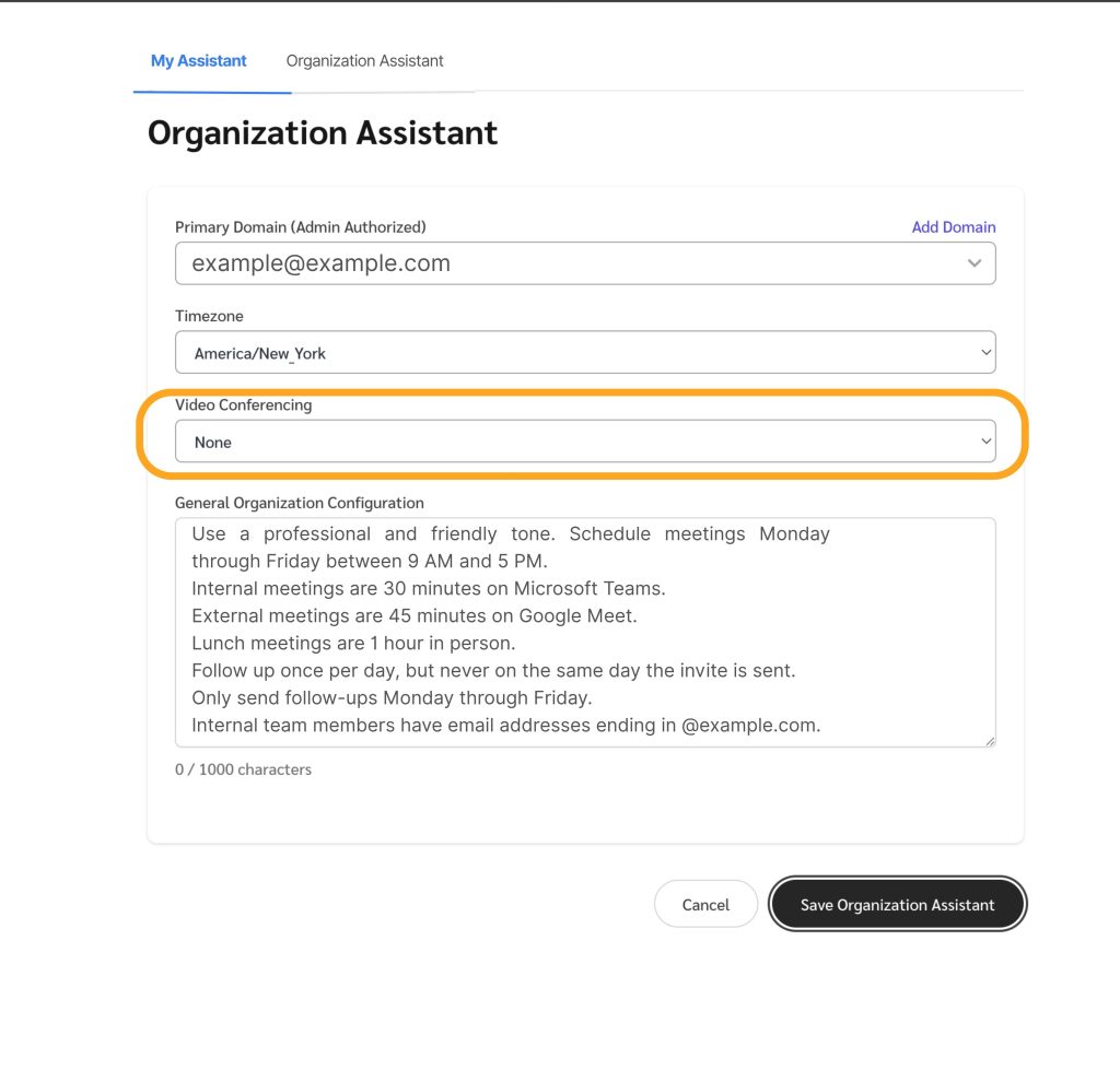 Organization assistant configuration for individual users