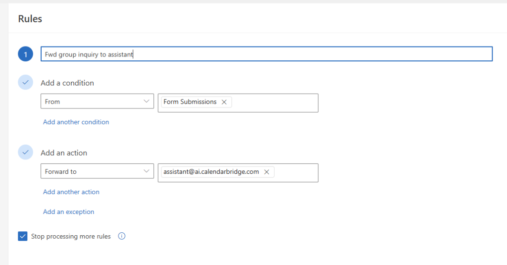 Inbox rule forwarding form submissions to the assistant