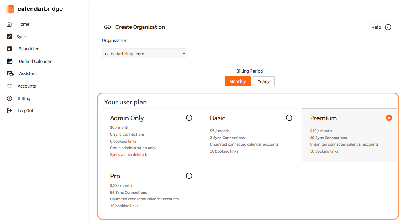 Select organization plan